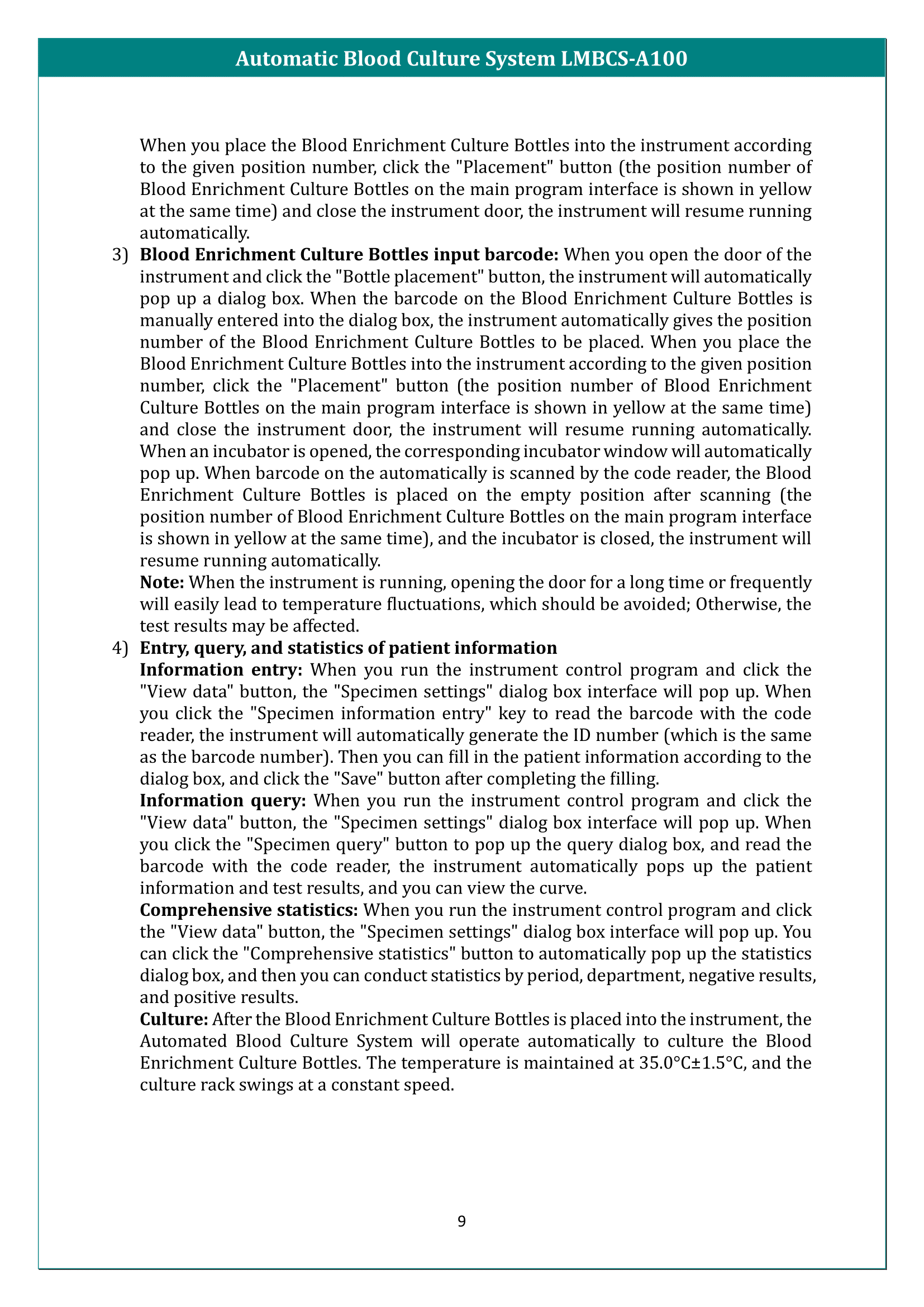 Automatic Blood Culture System LMBCS-A100 Manual