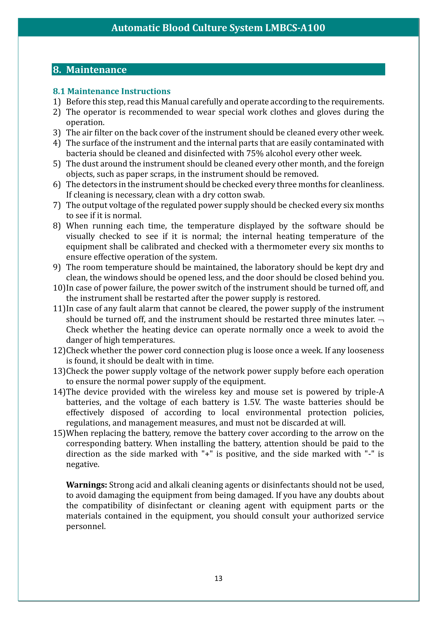Automatic Blood Culture System LMBCS-A100 Manual