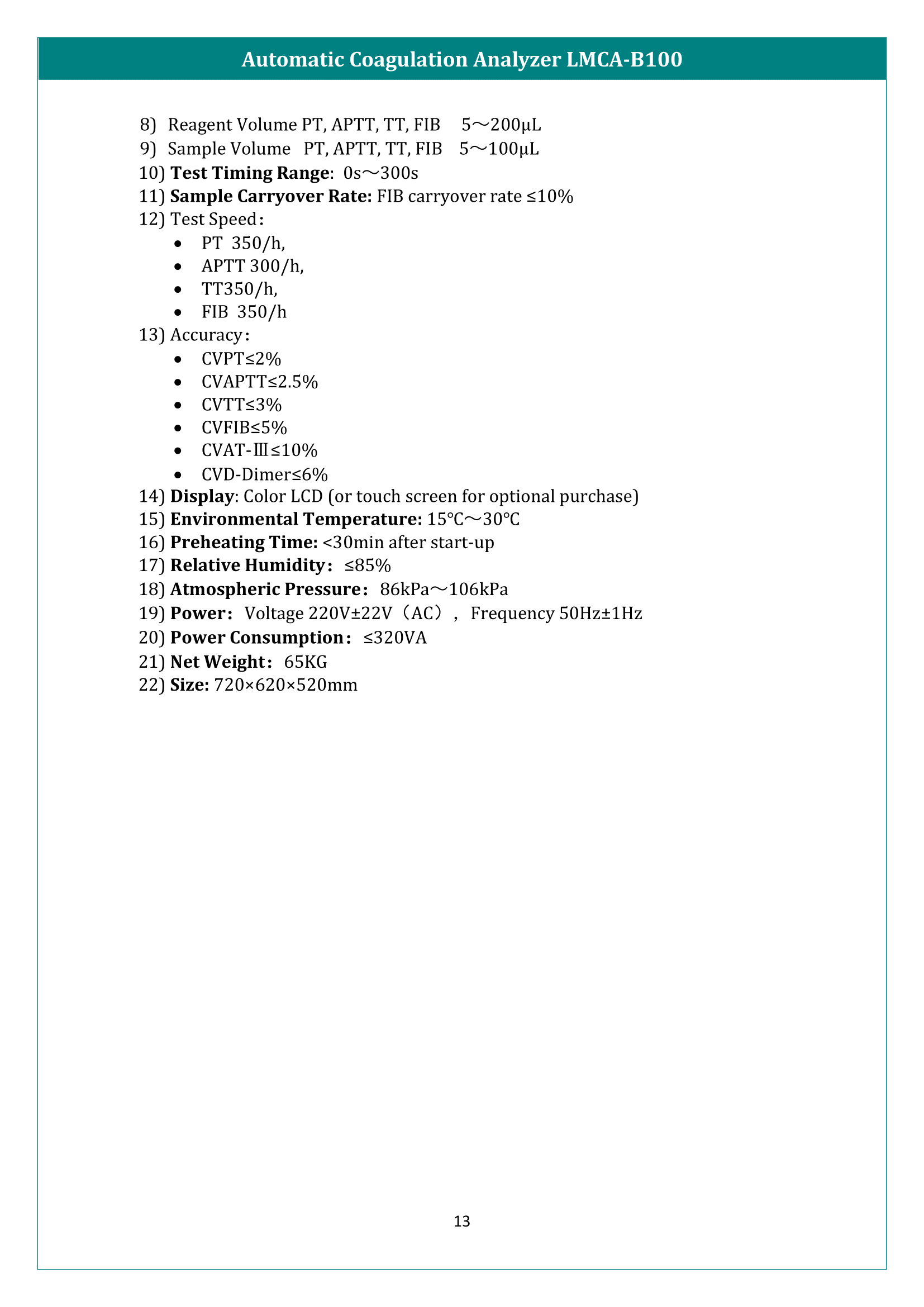 Automatic Coagulation Analyzer LMCA-B100 Manual