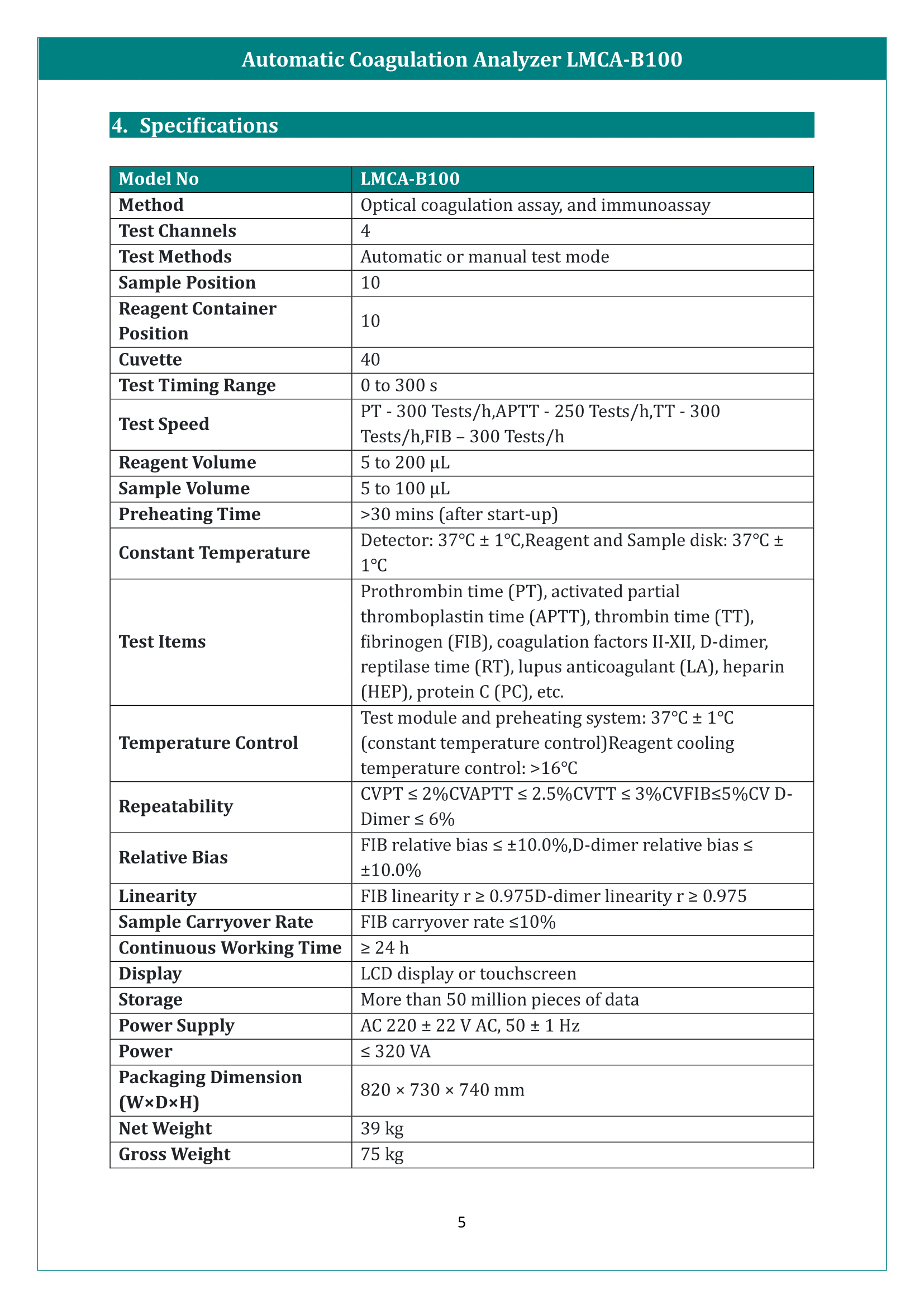Automatic Coagulation Analyzer LMCA-B100 Manual