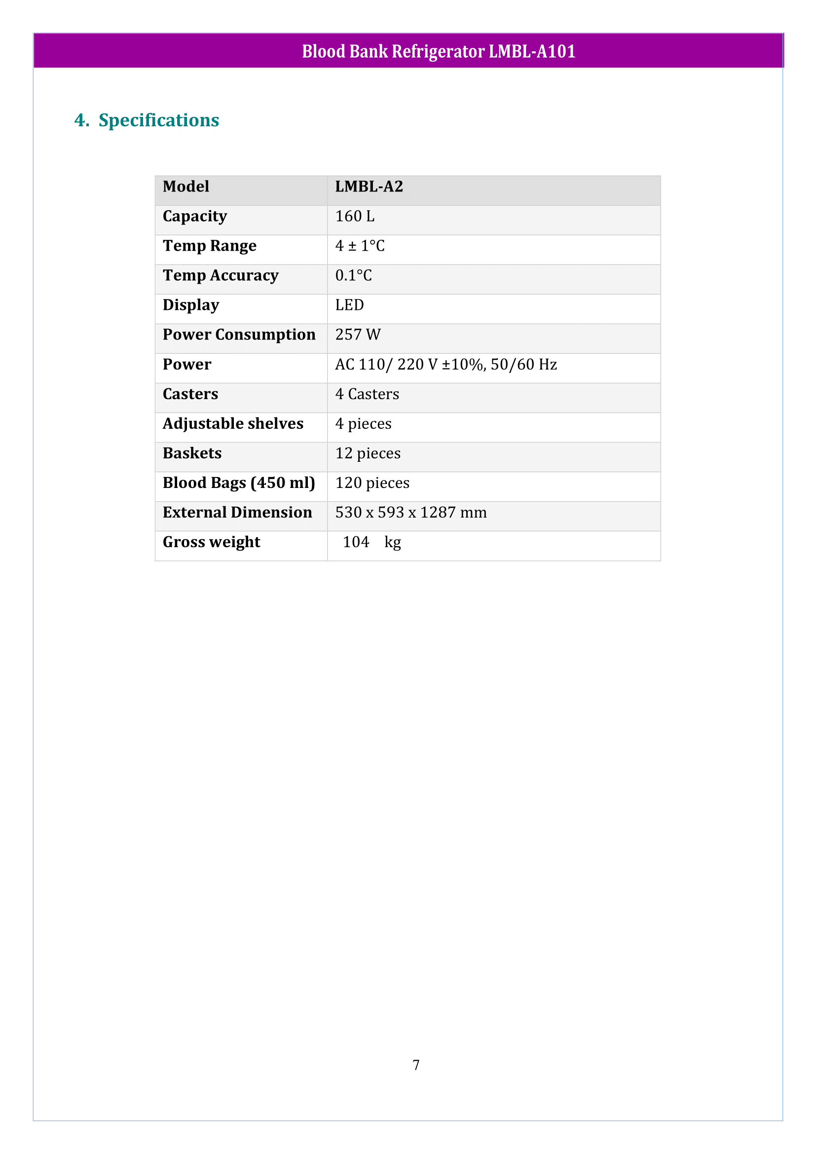 Blood Bank Refrigerator LMBL-A101 Manual