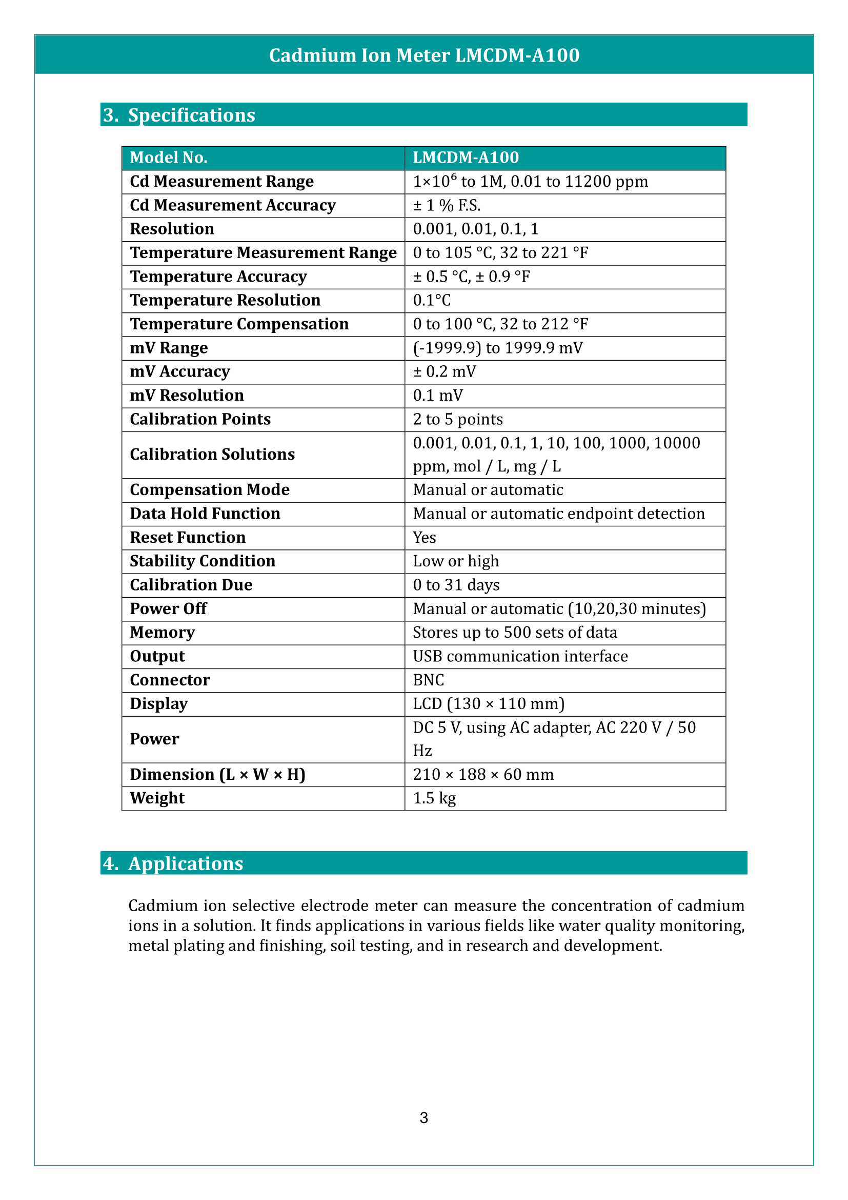 Cadmium Ion Meter LMCDM-A100 Manual