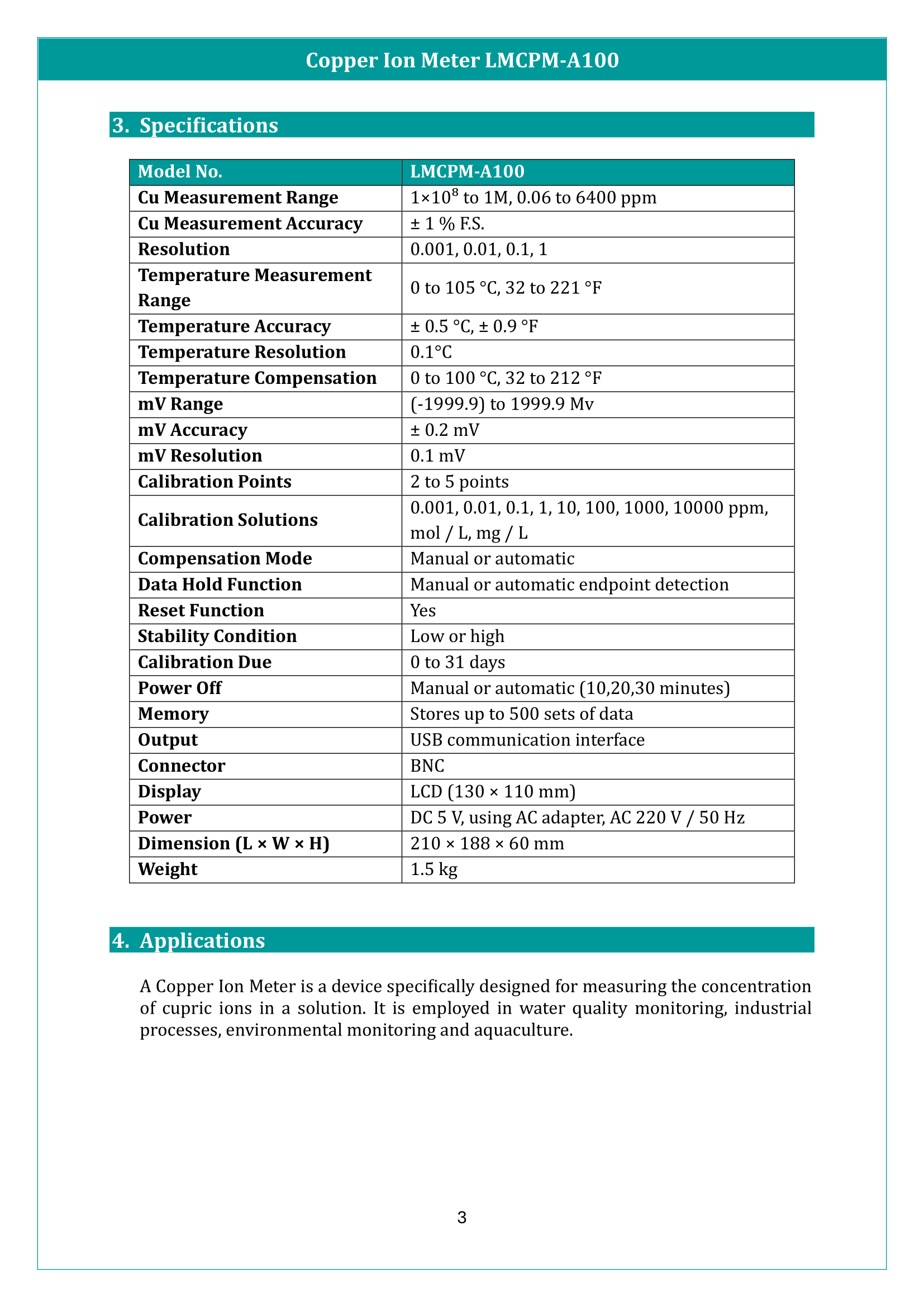 Copper Ion Meter LMCPM-A100 Manual