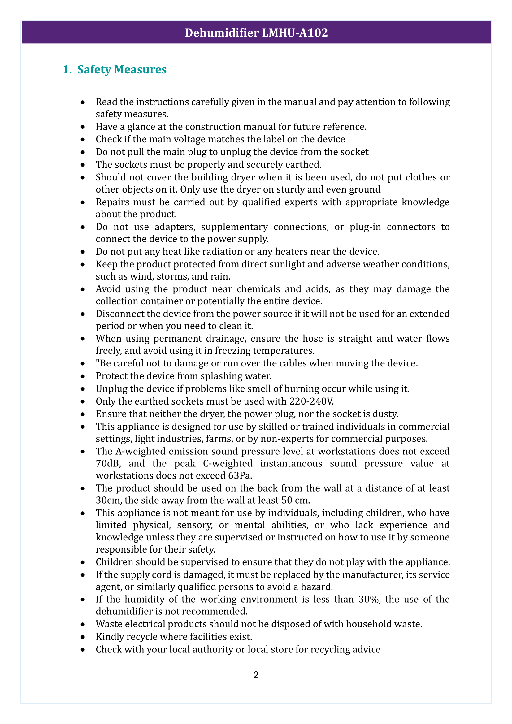 Dehumidifier LMHU-A102 Manual
