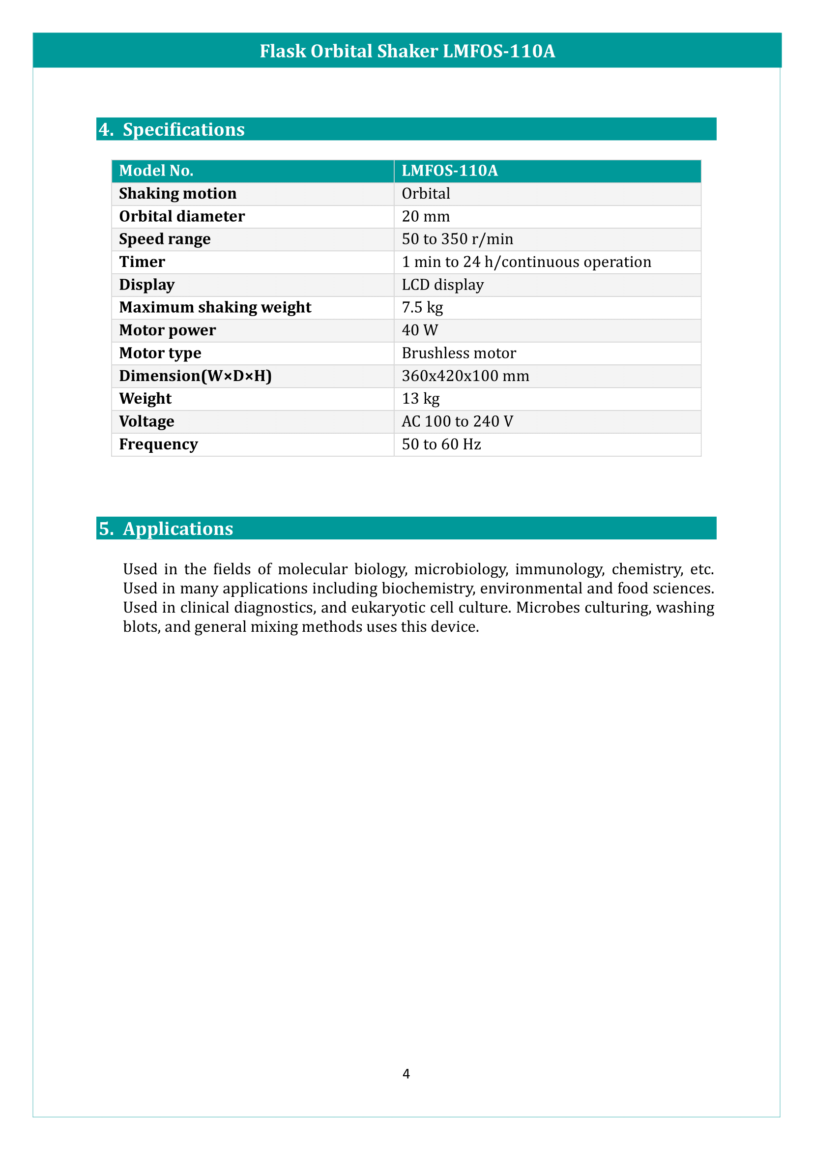 Flask Orbital Shaker LMFOS-110A Manual