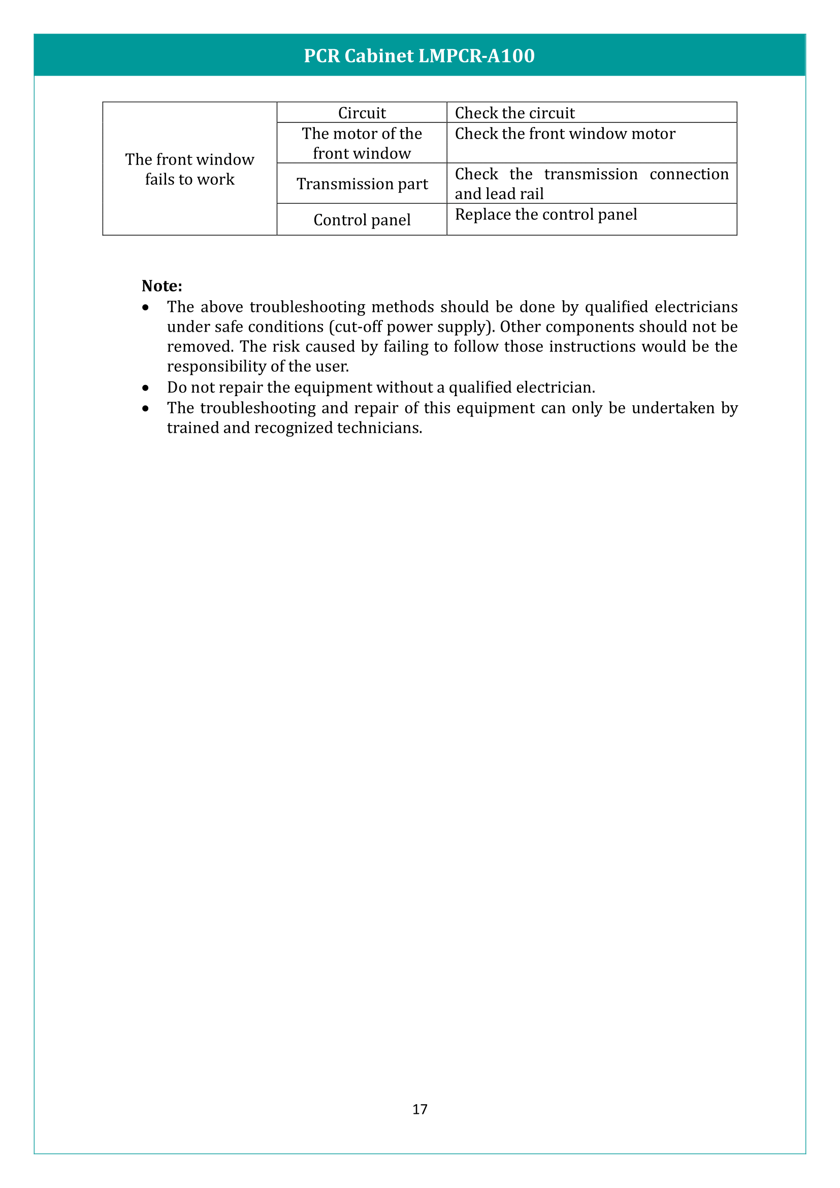 PCR Cabinet LMPCR-A100 Manual