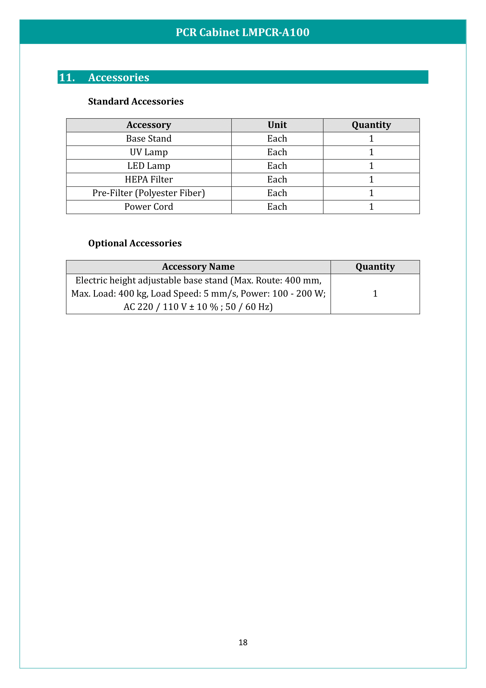 PCR Cabinet LMPCR-A100 Manual