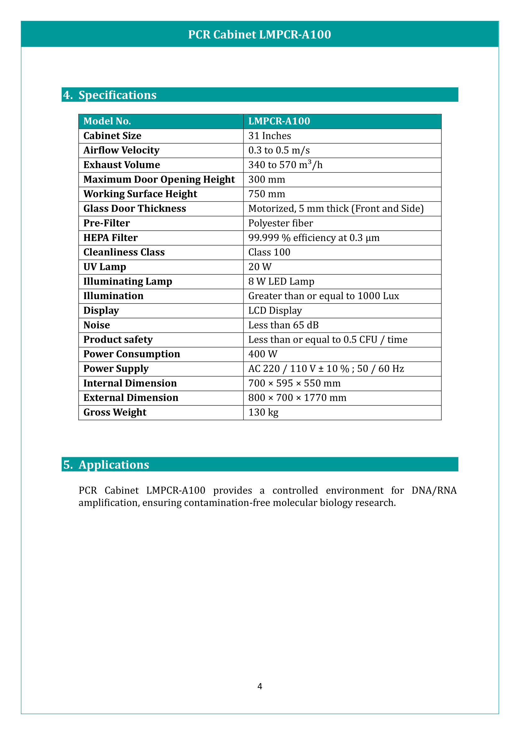 PCR Cabinet LMPCR-A100 Manual