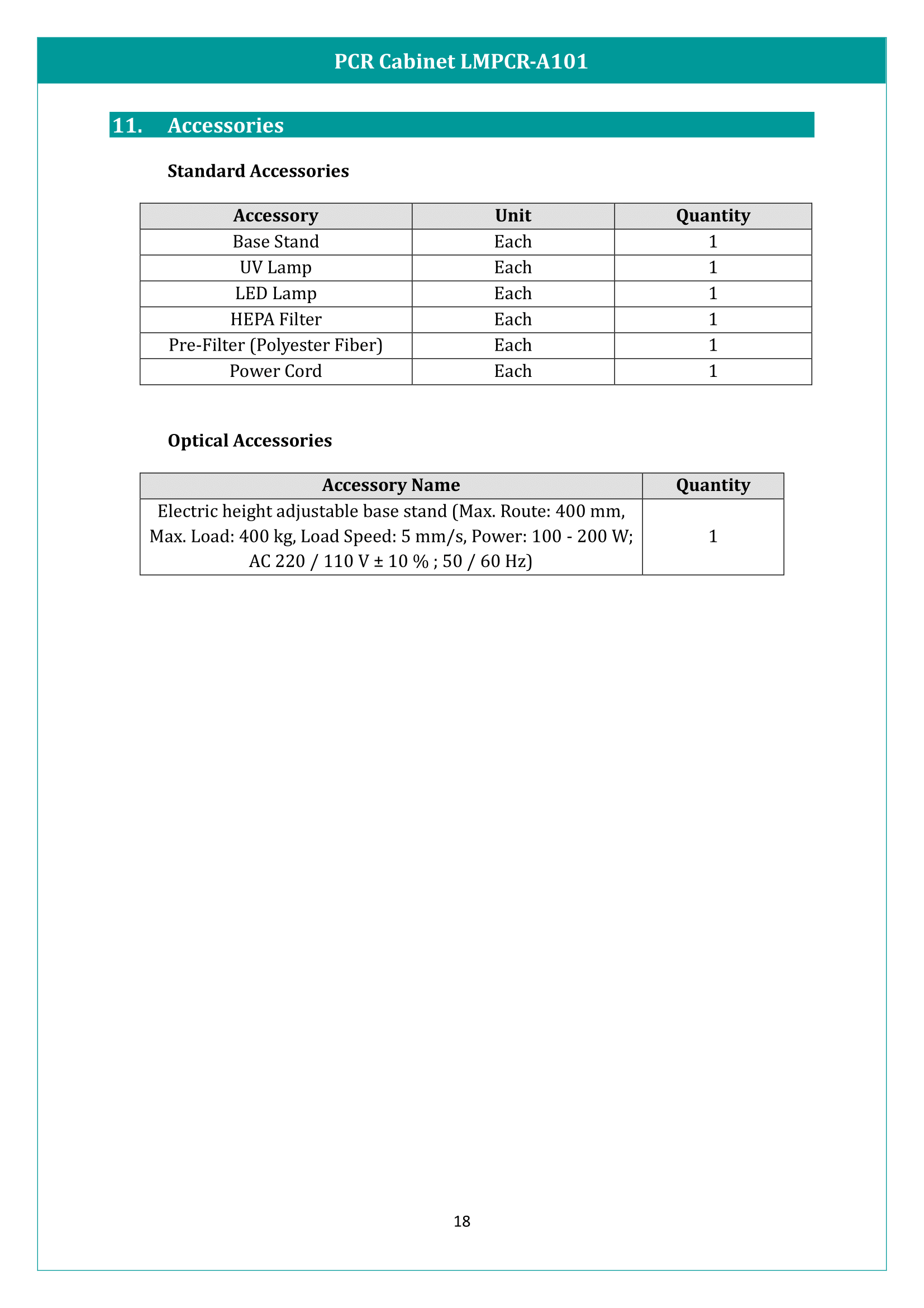 PCR Cabinet LMPCR-A101 Manual