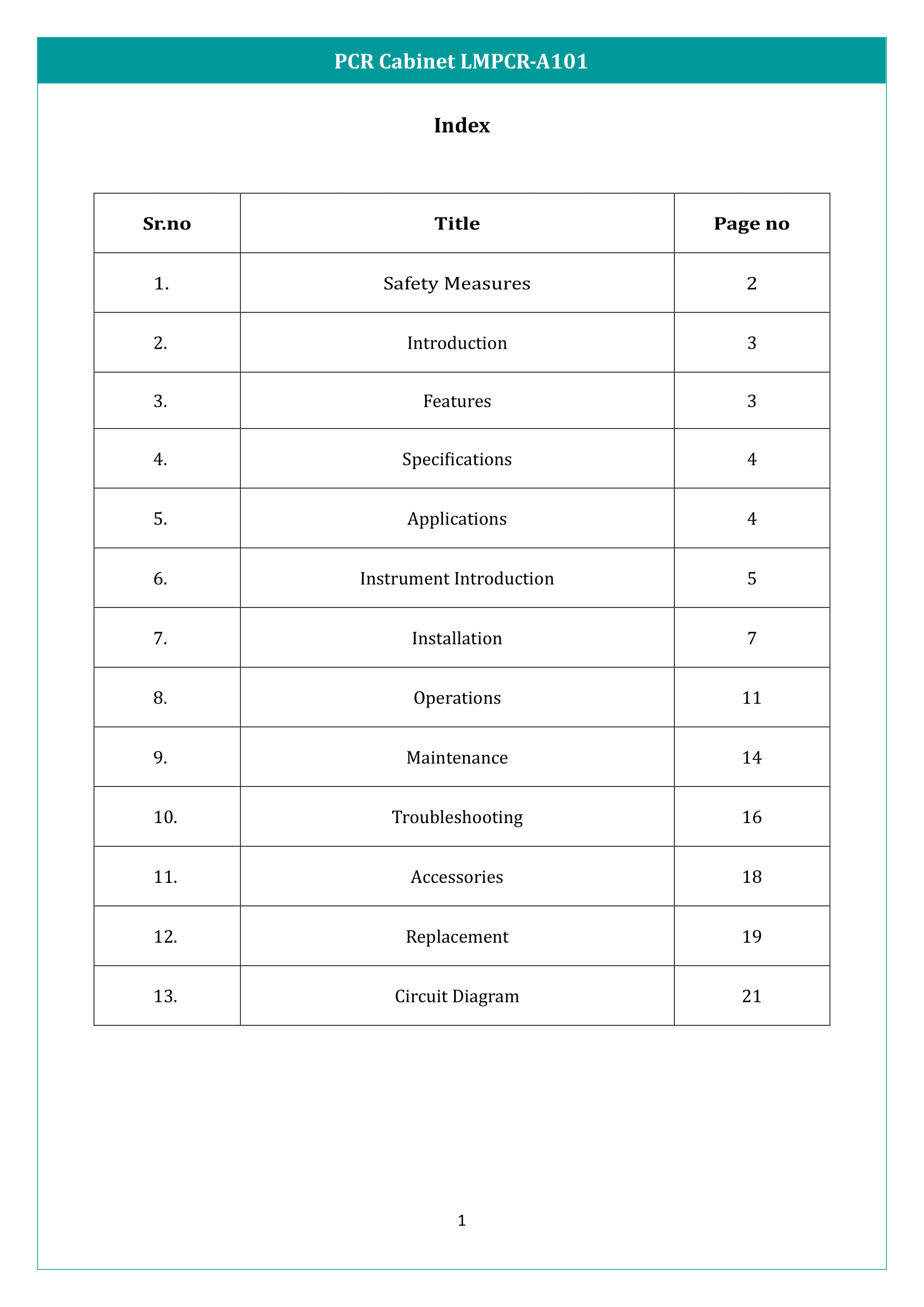 PCR Cabinet LMPCR-A101 Manual