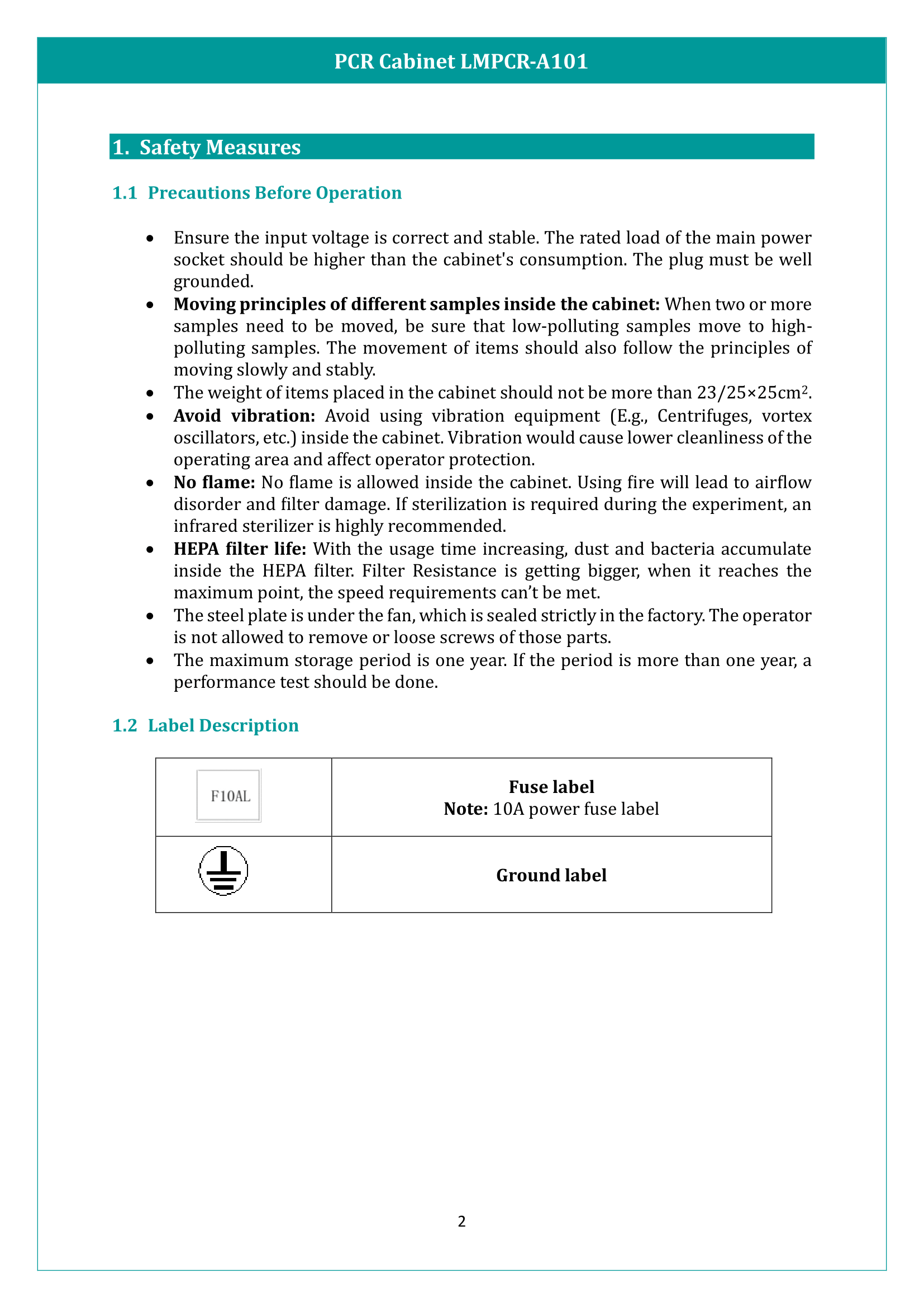 PCR Cabinet LMPCR-A101 Manual