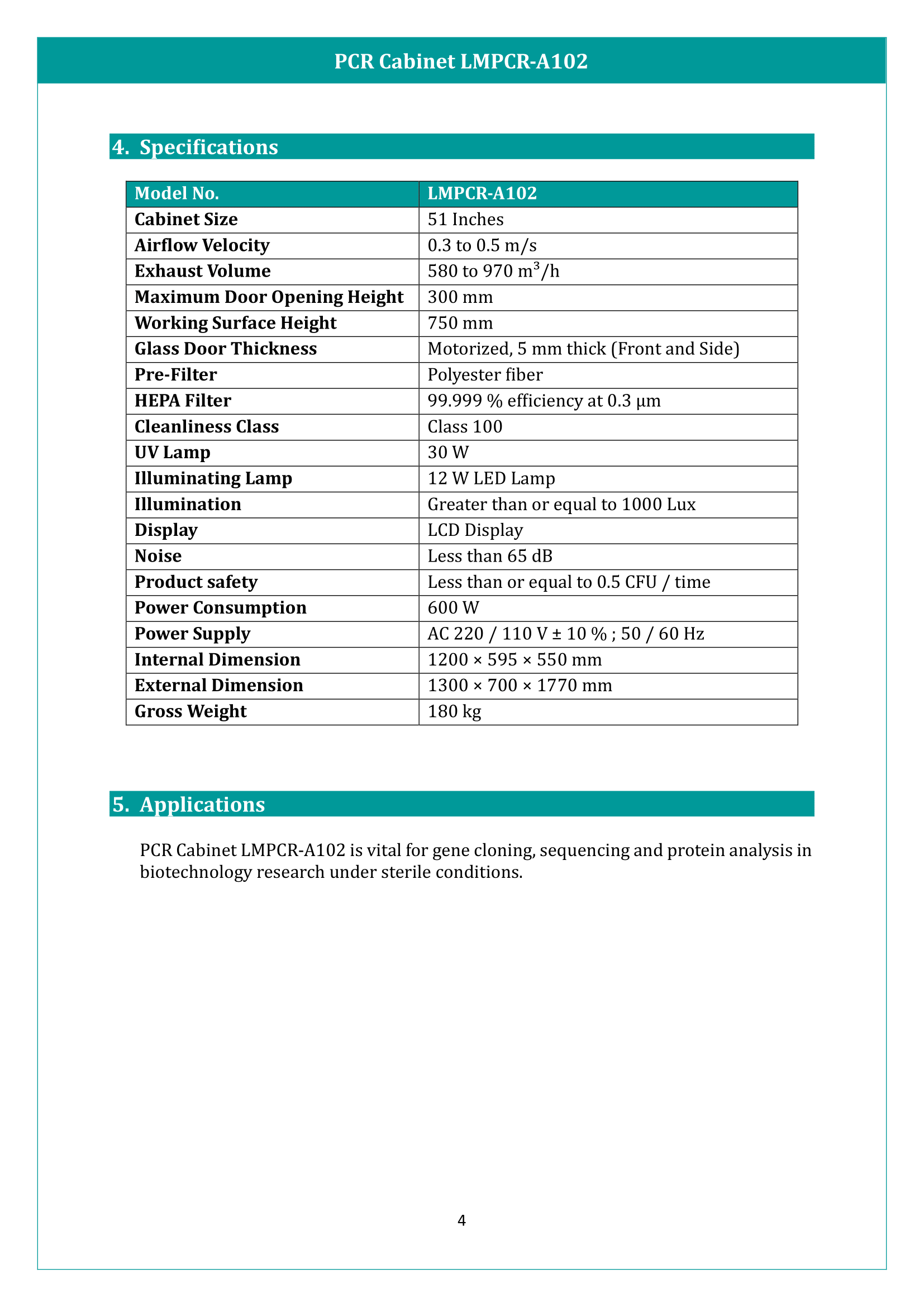 PCR Cabinet LMPCR-A102 Manual