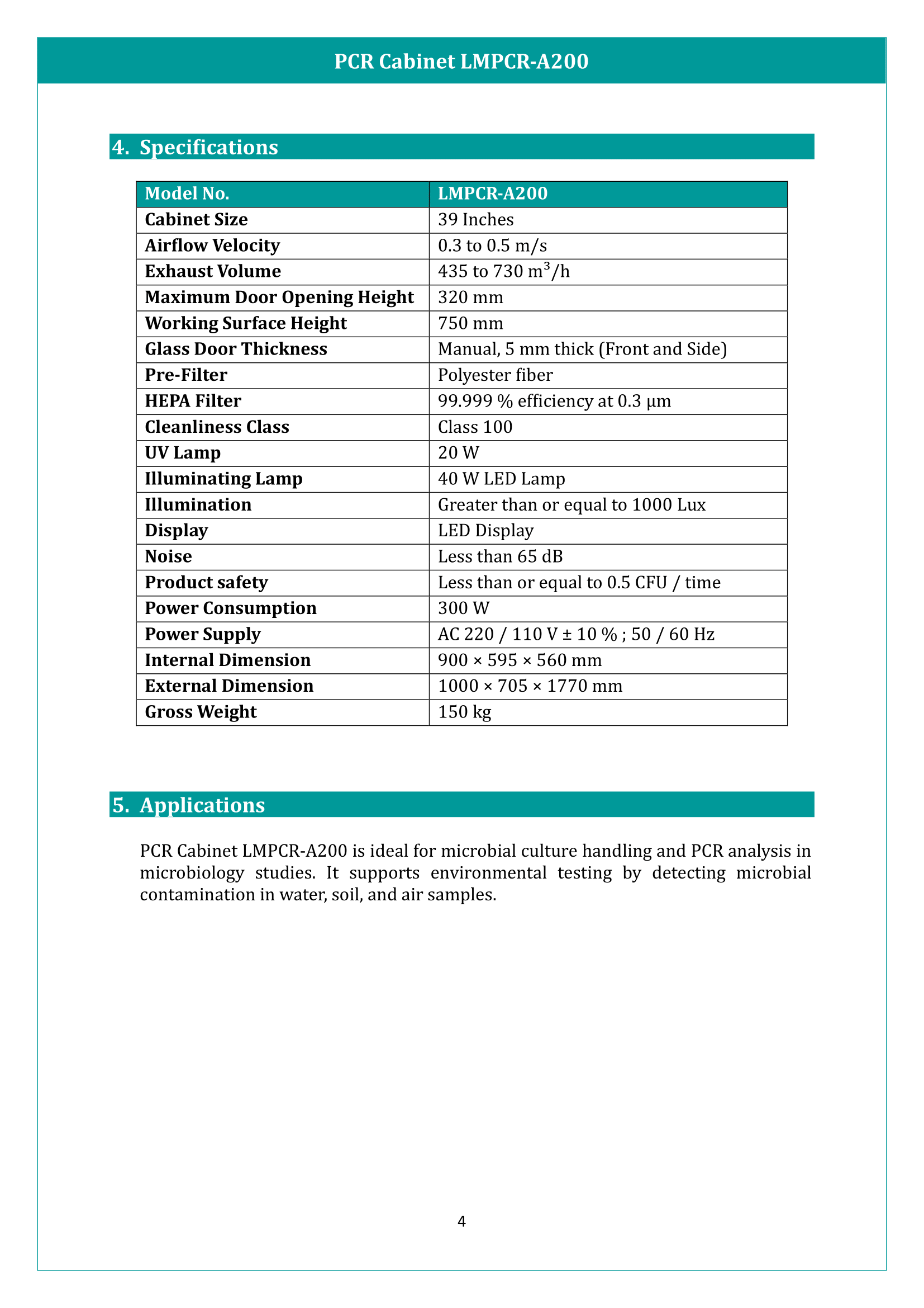 PCR Cabinet LMPCR-A200 Manual