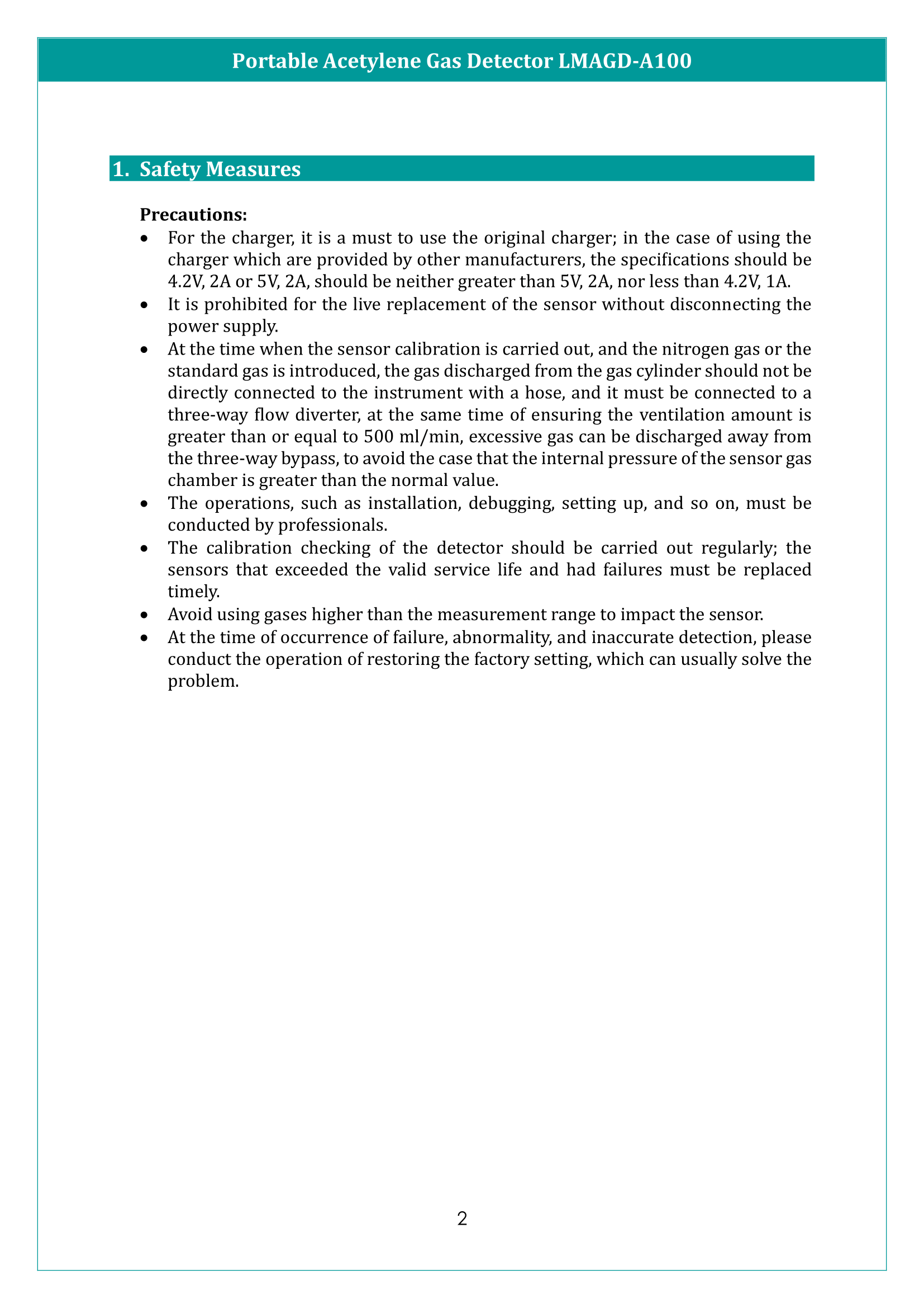Portable Acetylene Gas Detector LMAGD-A100 Manual