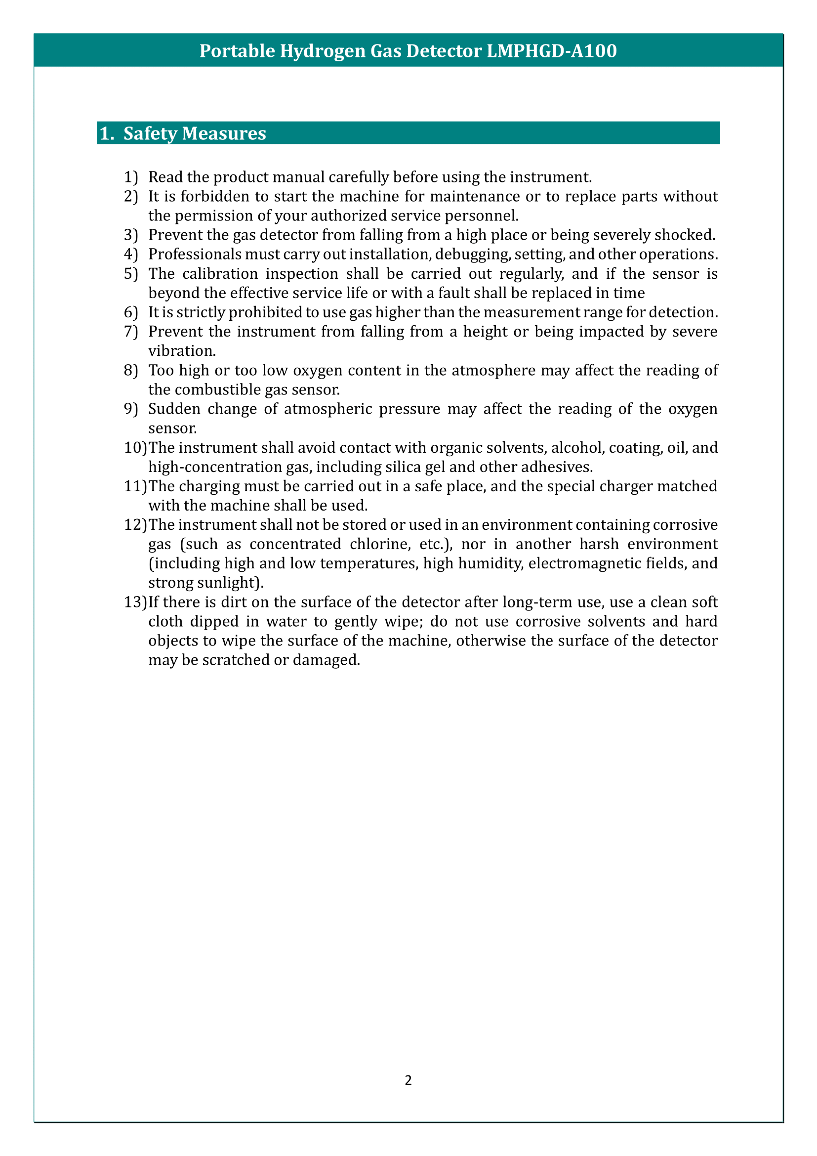 Portable Hydrogen Gas Detector LMPHGD-A100 Manual