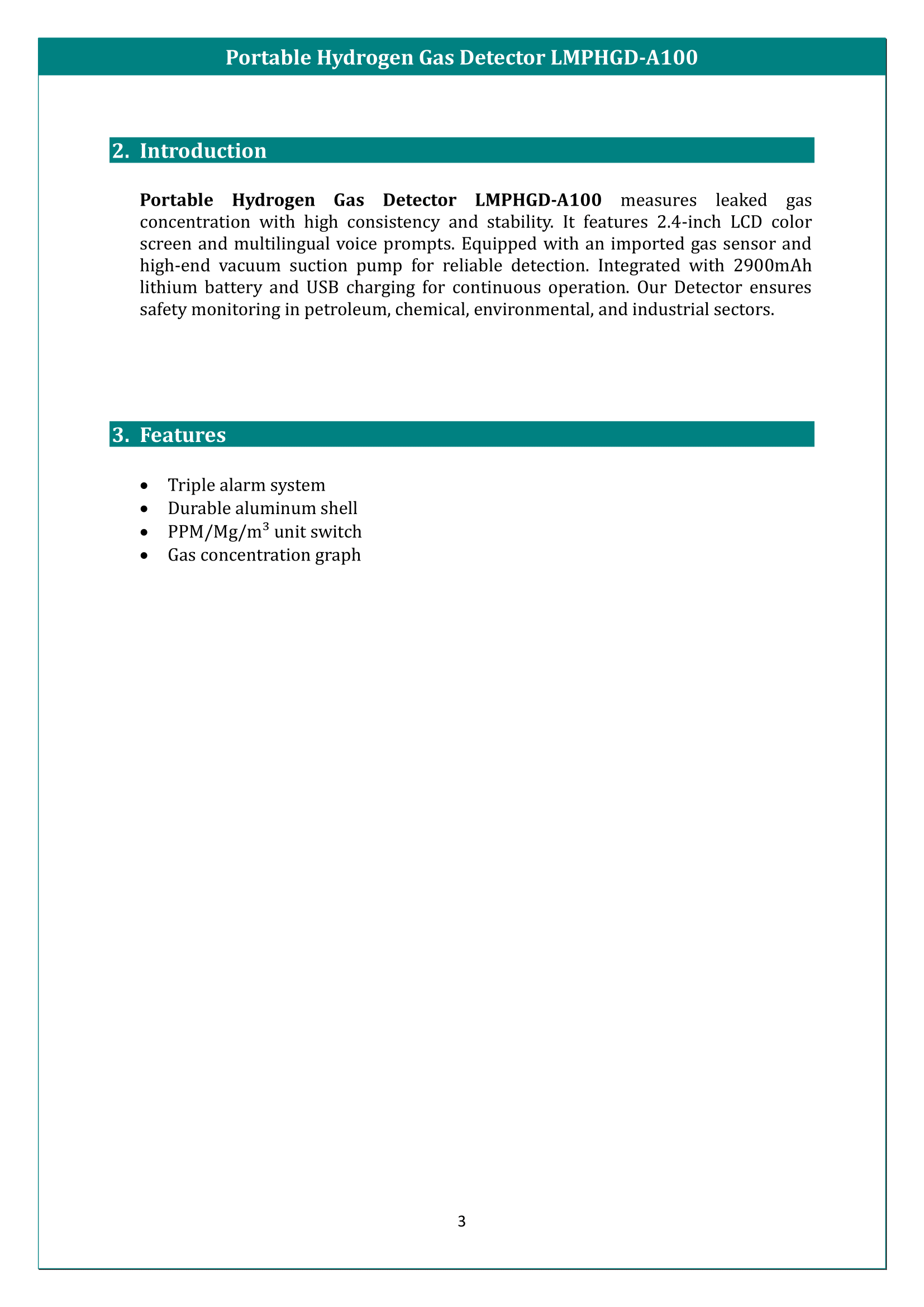 Portable Hydrogen Gas Detector LMPHGD-A100 Manual