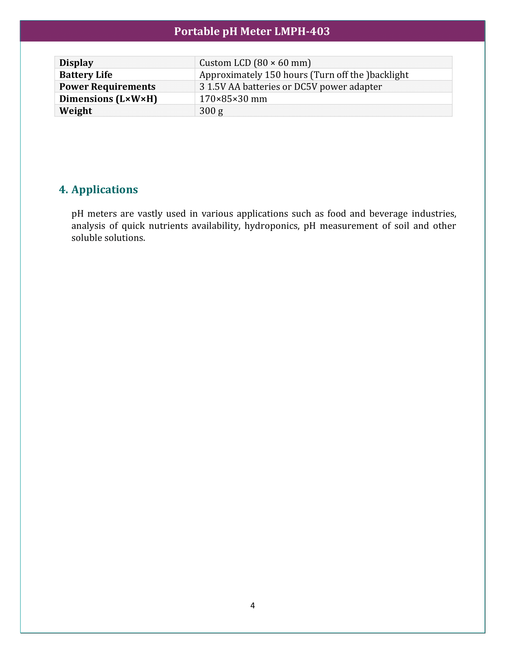 Portable pH Meter LMPH-403 Manual
