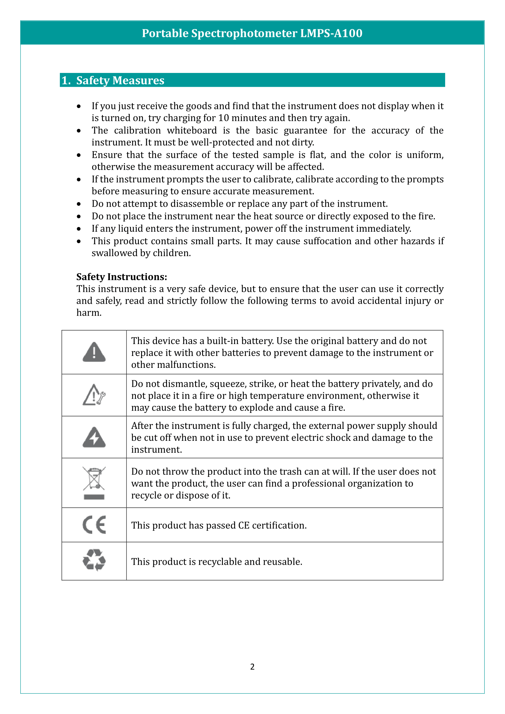 Portable Spectrophotometer LMPS-A100 Manual