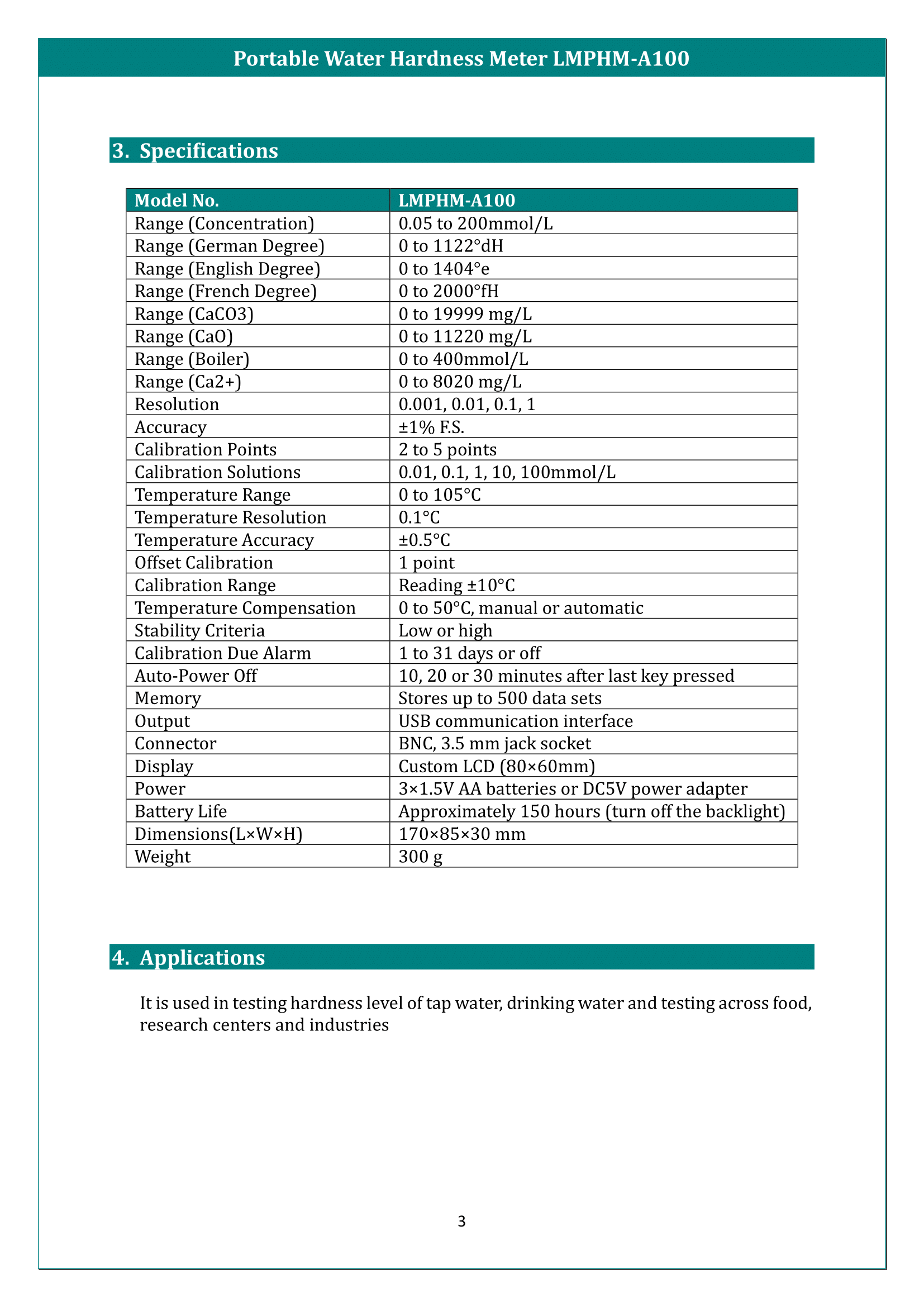 Portable Water Hardness Meter LMPHM-A100 Manual