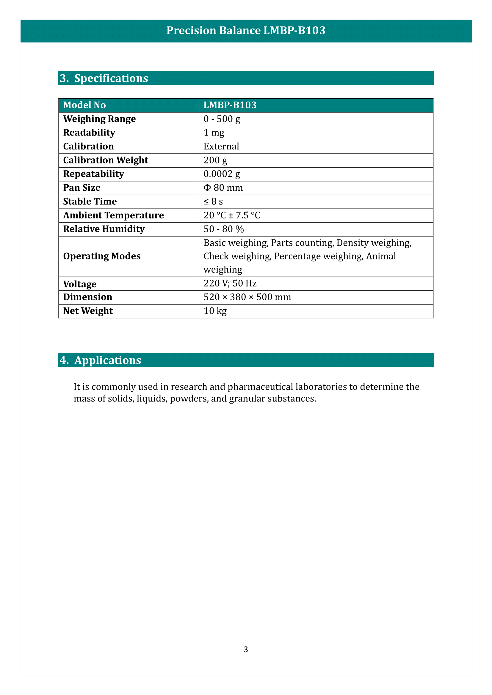 Precision Balance LMBP-B103 Manual