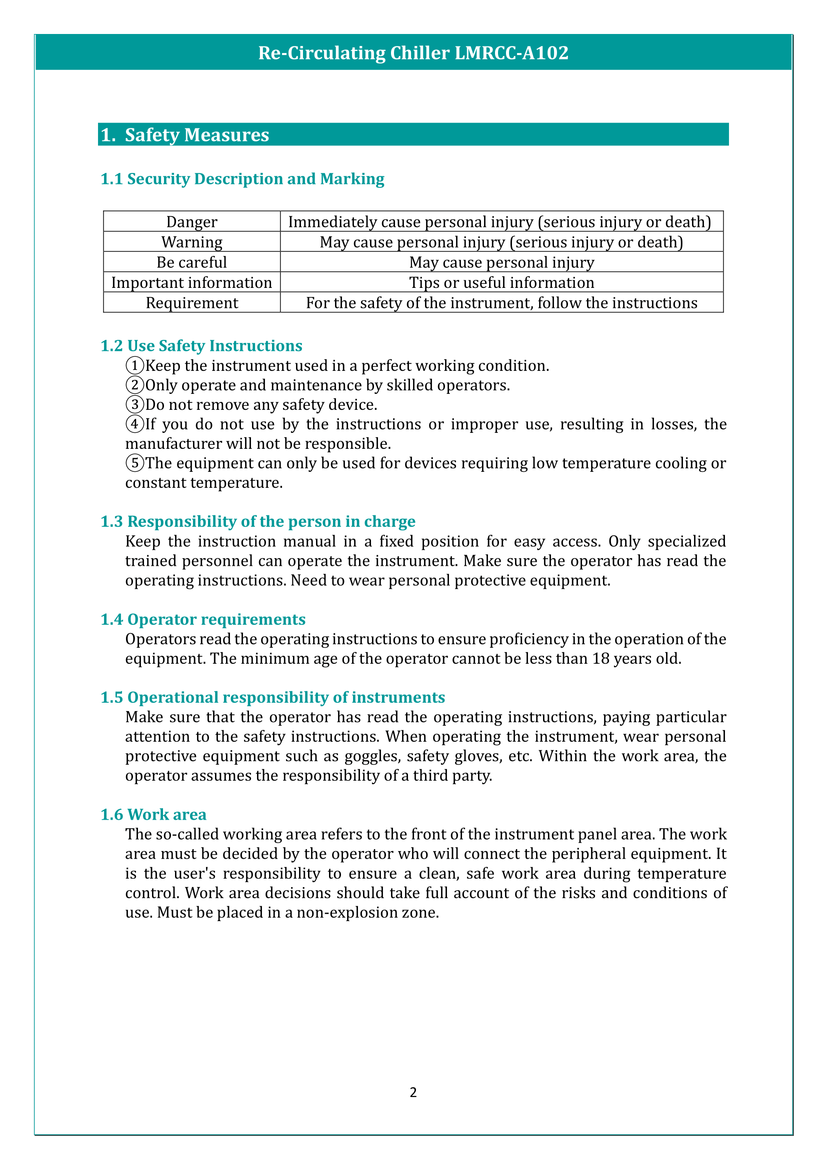 Re-Circulating Chiller LMRCC-A102 Manual