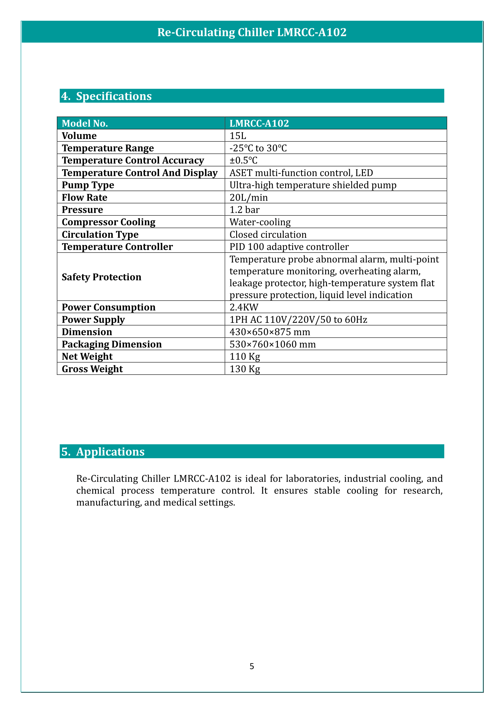 Re-Circulating Chiller LMRCC-A102 Manual
