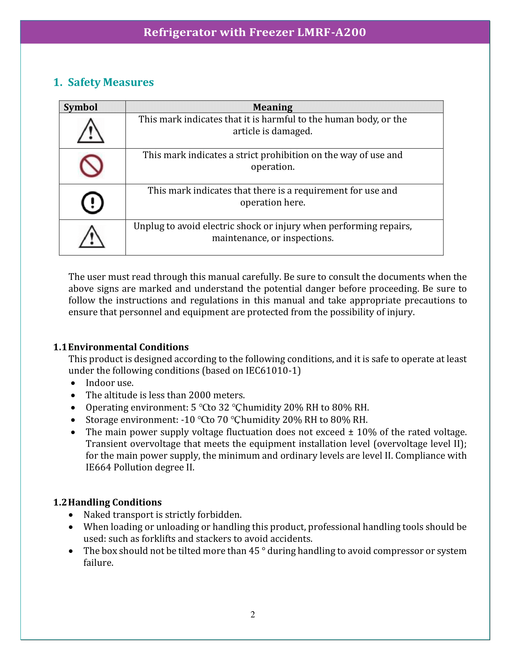 Refrigerator with Freezer LMRF-A200 Manual