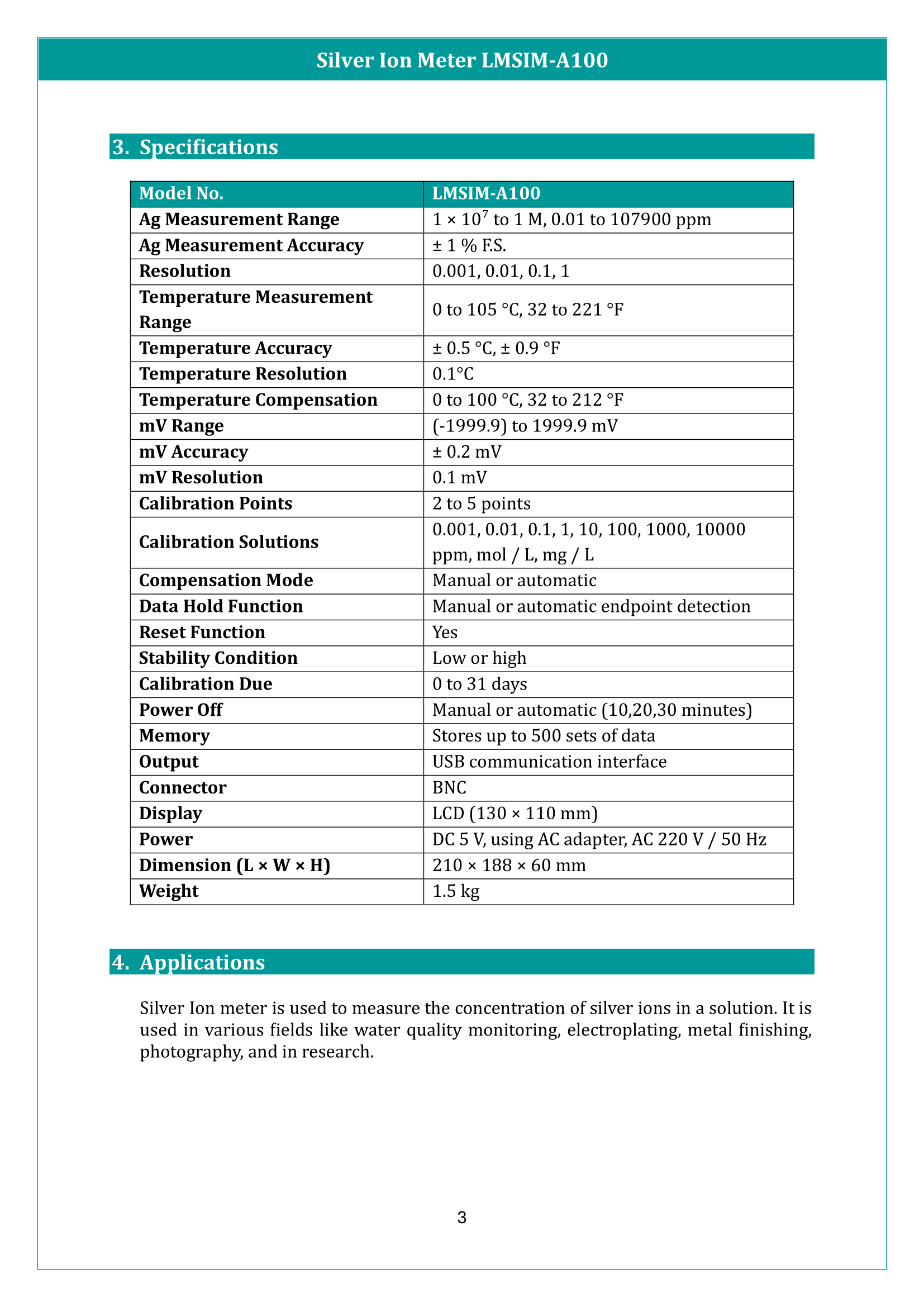 Silver Ion Meter LMSIM-A100 Manual