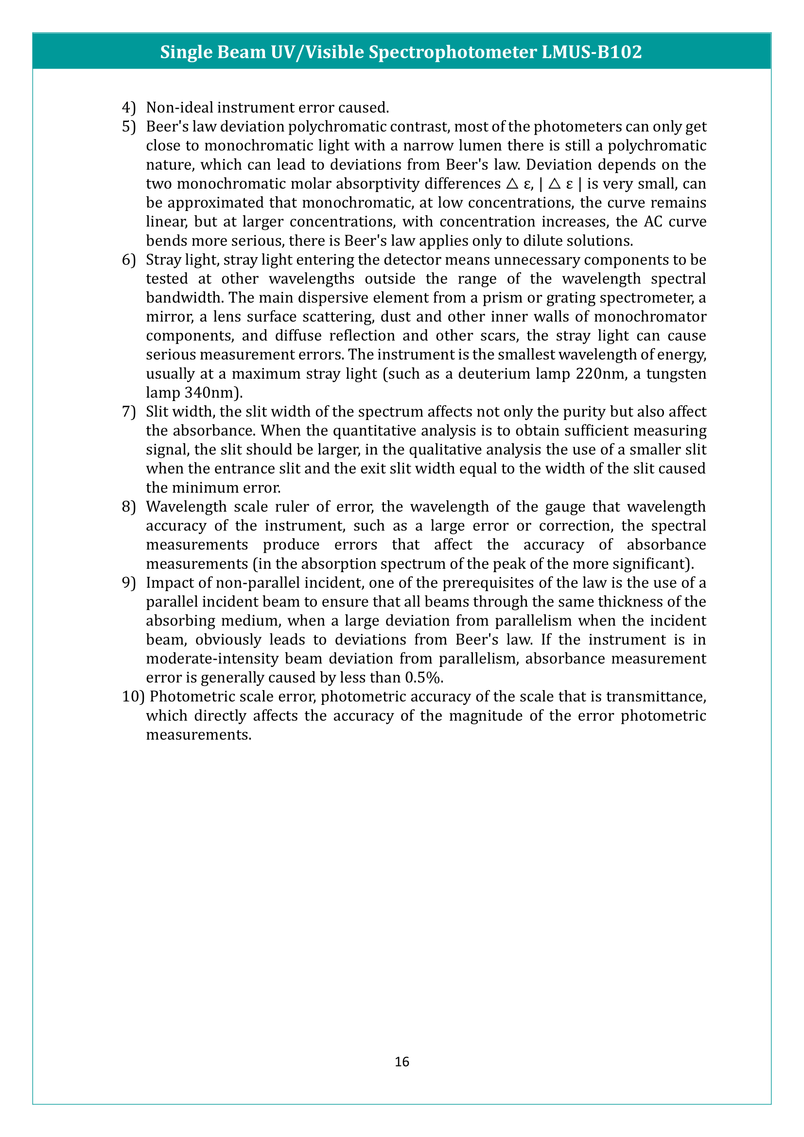 Single Beam UV/Visible Spectrophotometer LMUS-B102 Manual