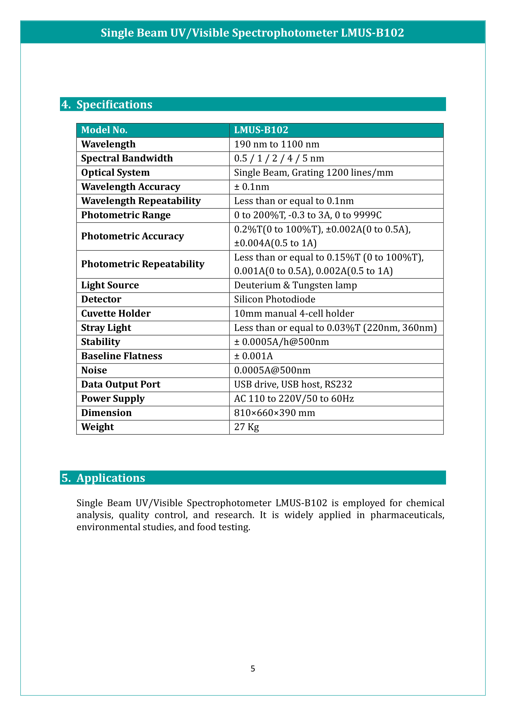 Single Beam UV/Visible Spectrophotometer LMUS-B102 Manual