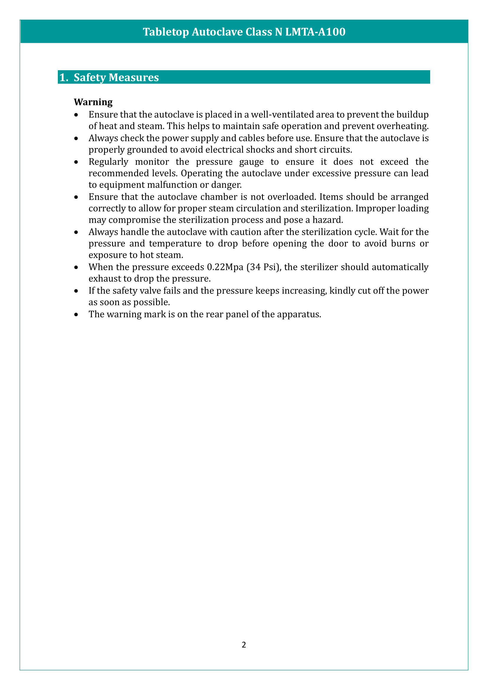 Tabletop Autoclave Class N LMTA-A100 Manual