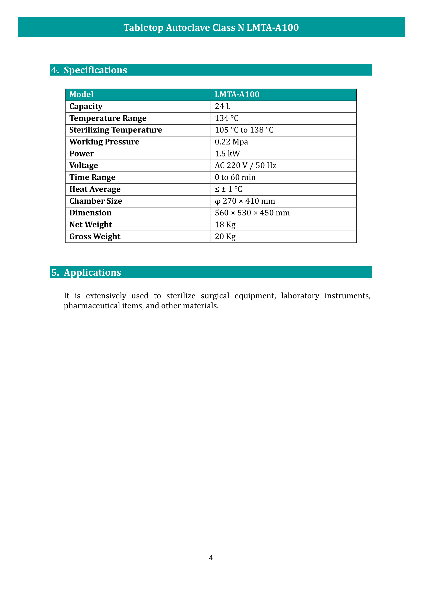 Tabletop Autoclave Class N LMTA-A100 Manual