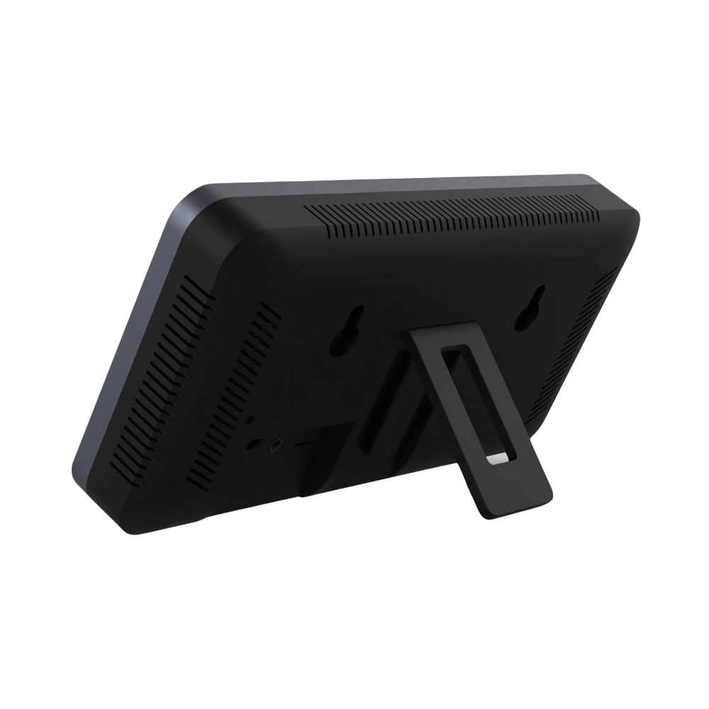 Indoor Air Quality monitor displaying CO2 PM2.5 temperature humidity levels with date and time on backlit screen