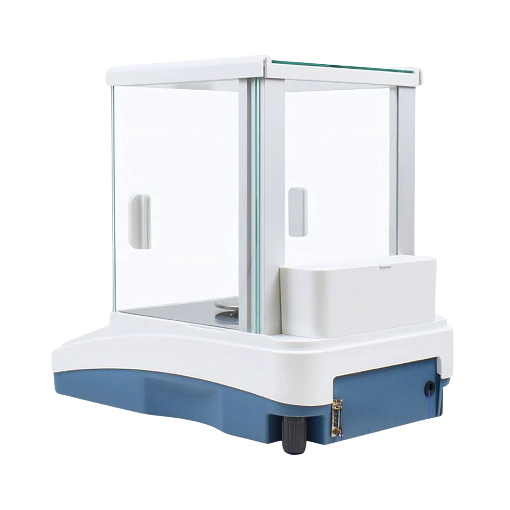 Analytical Balance with temperature-controlled internal adjustment and clear backlit LCD display.