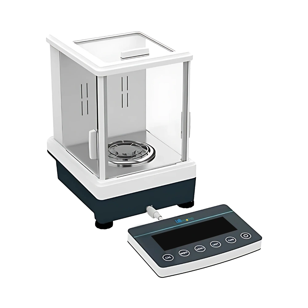 Dual Range Analytical Balance with automatic calibration, stainless steel surface, and USB port