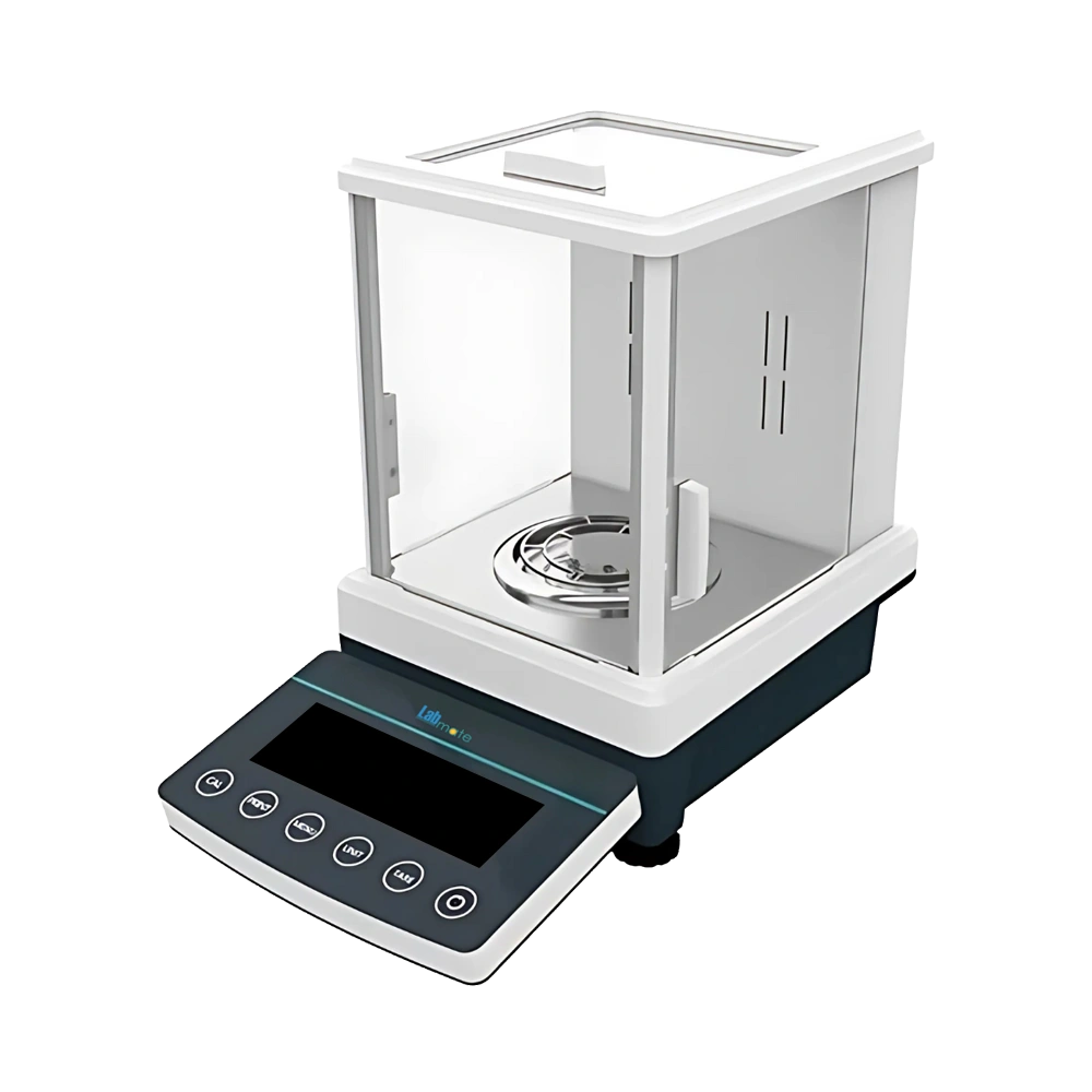 Dual Range Analytical Balance with automatic calibration, stainless steel surface, and USB port
