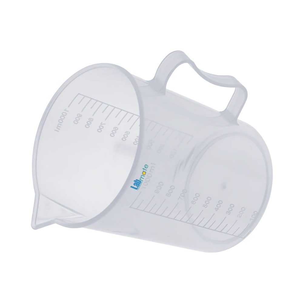 Polypropylene Beaker With Handle features V-shaped spout and stain-resistant surface