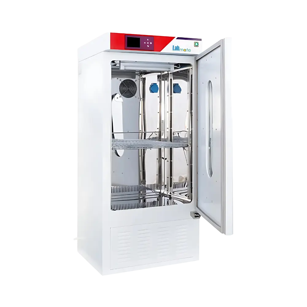 White biochemical incubator with interior shelving