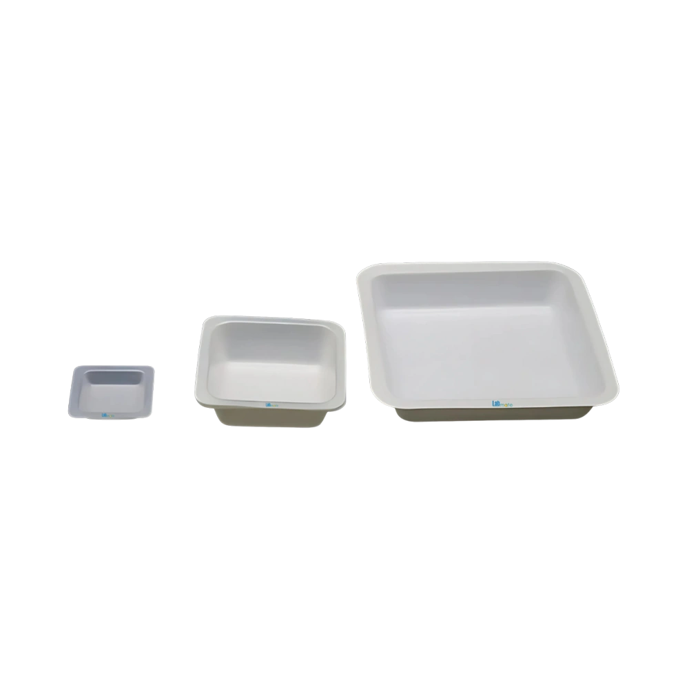 Polystyrene Weighing Boat with rounded edges, ideal for solids and liquids, available in white and black
