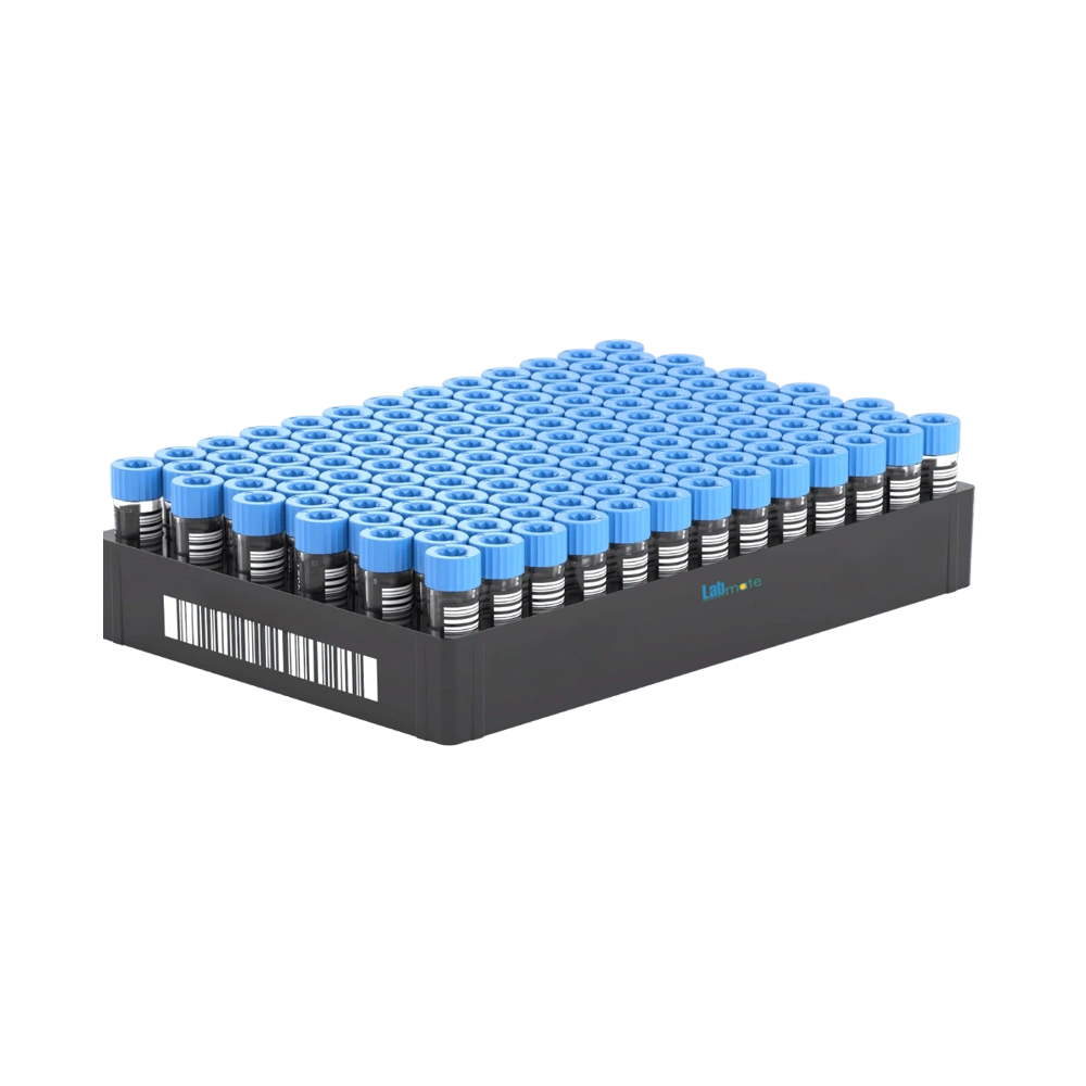 Racked Bar-Coded Cryogenic Vial with transparent rack, barcode ID, and -196°C storage capability