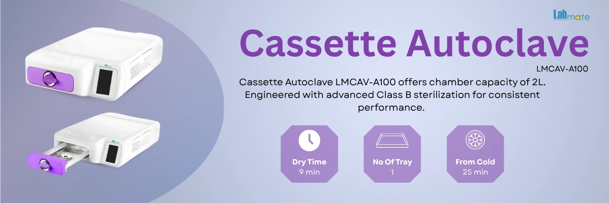 Cassette Autoclave with lightweight structure, stainless steel tray, and motor lock system