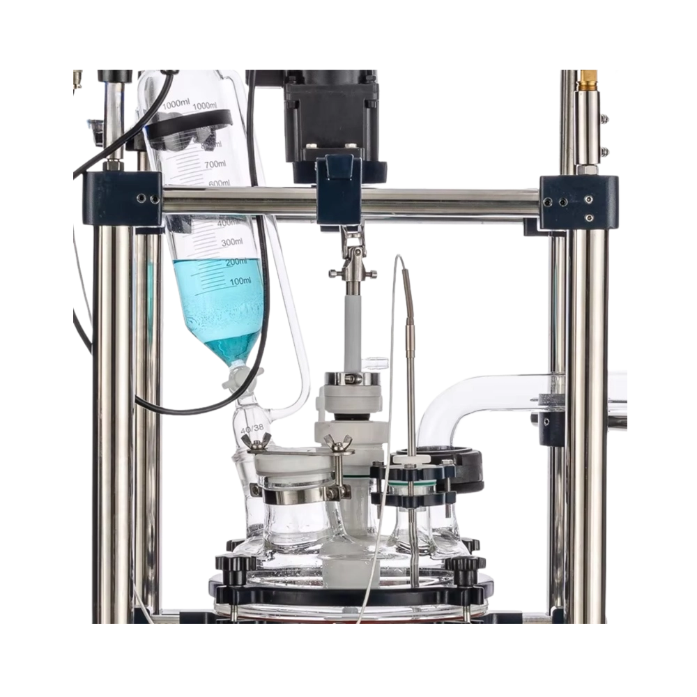 “Explosion-proof jacketed reactor with stirrer paddle and temperature port.”