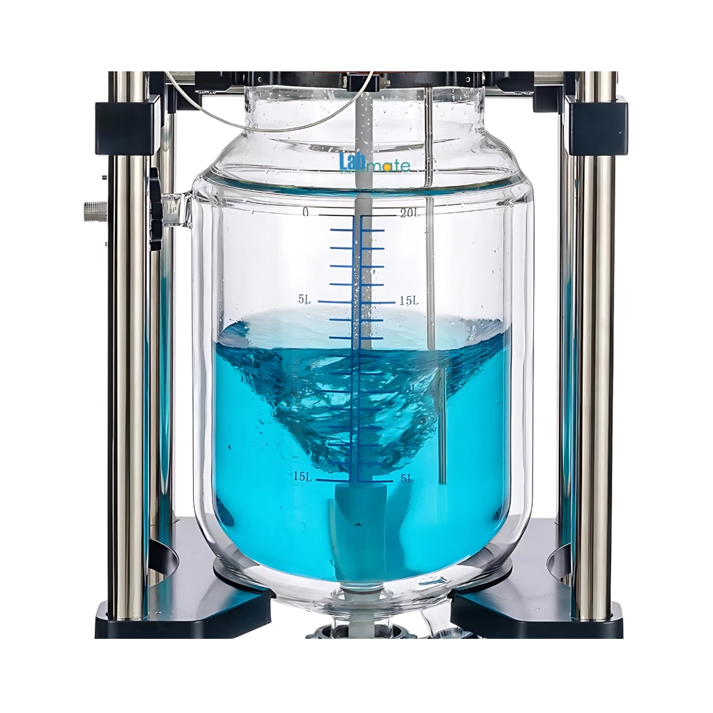 “Explosion-proof jacketed reactor with stirrer paddle and temperature port.”