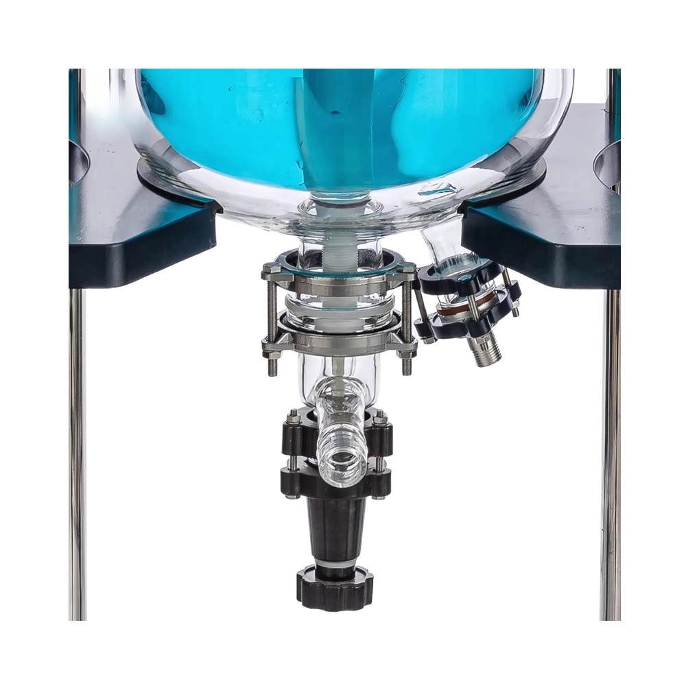 “Explosion-proof jacketed reactor with stirrer paddle and temperature port.”