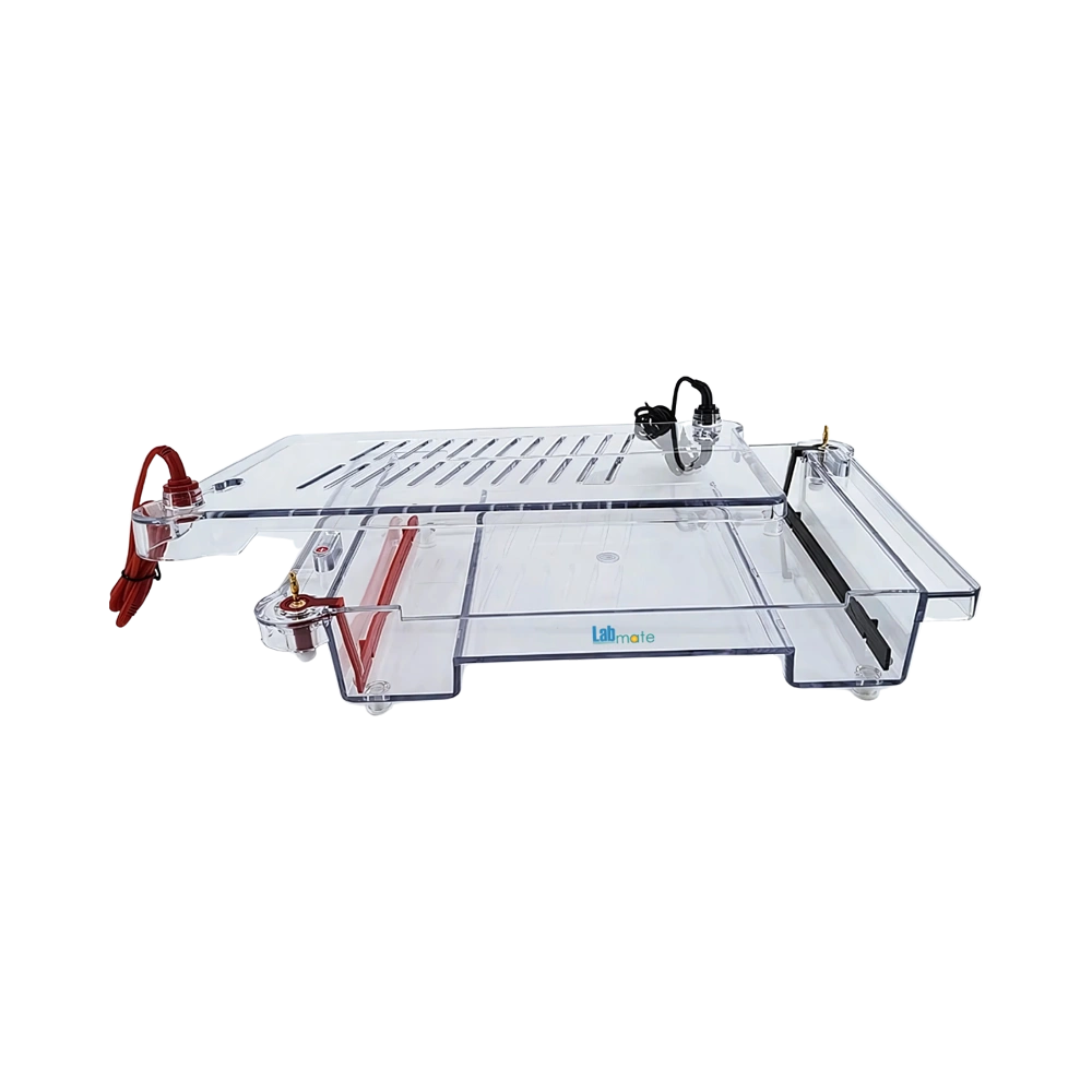 Nucleic Acid Horizontal Electrophoresis System with durable polycarbonate body, gel casting tool, and safety lid