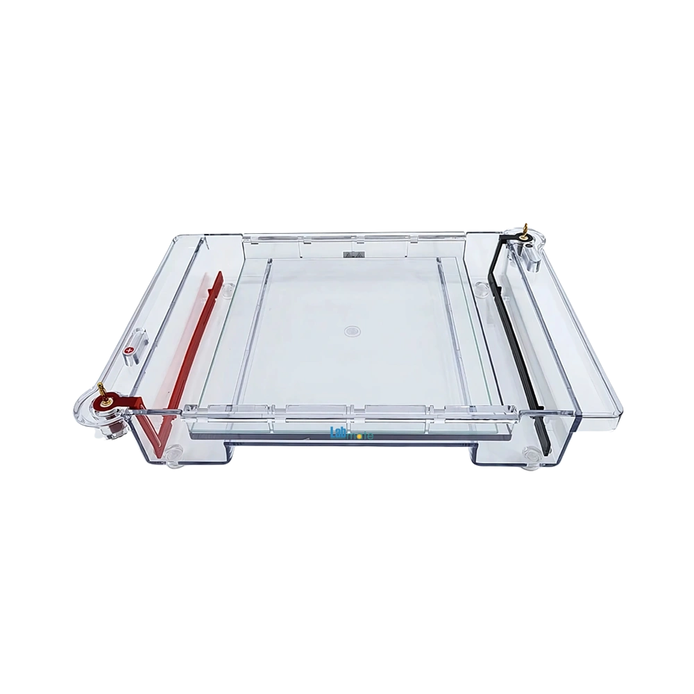 Nucleic Acid Horizontal Electrophoresis System with durable polycarbonate body, gel casting tool, and safety lid