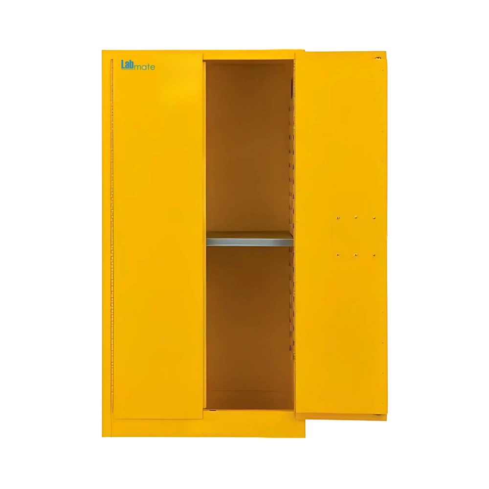 Flammable Storage Cabinet with fire-resistant double wall, vents, lock, and yellow finish