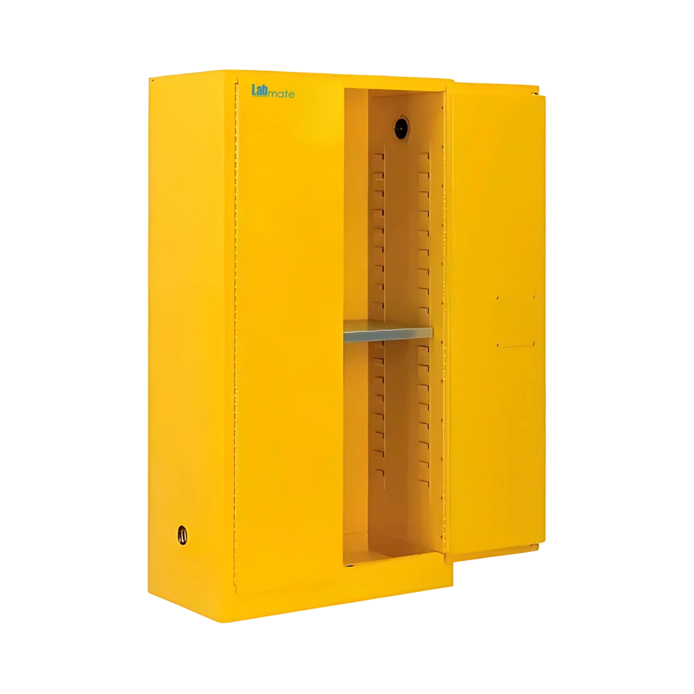 Flammable Storage Cabinet with fire-resistant double wall, vents, lock, and yellow finish
