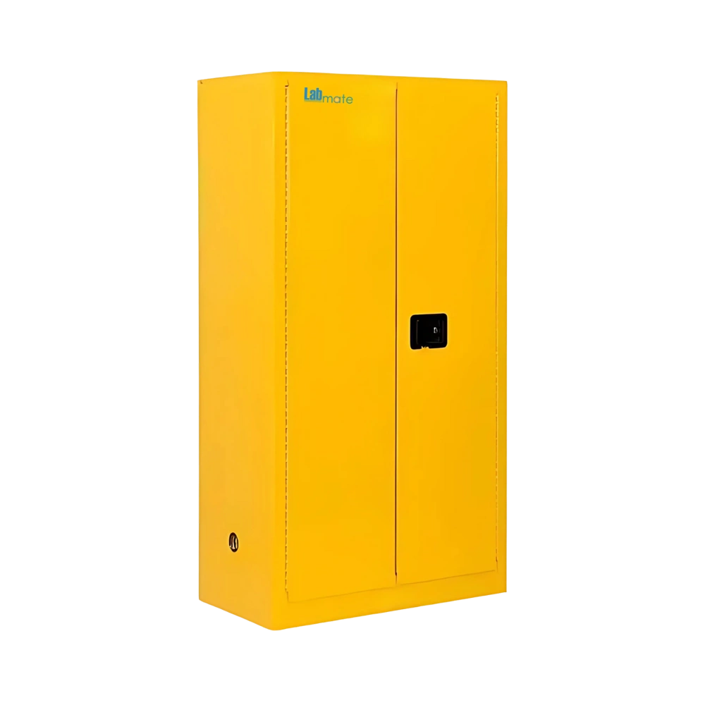 Flammable Storage Cabinet with fire-resistant double wall, vents, lock, and yellow finish