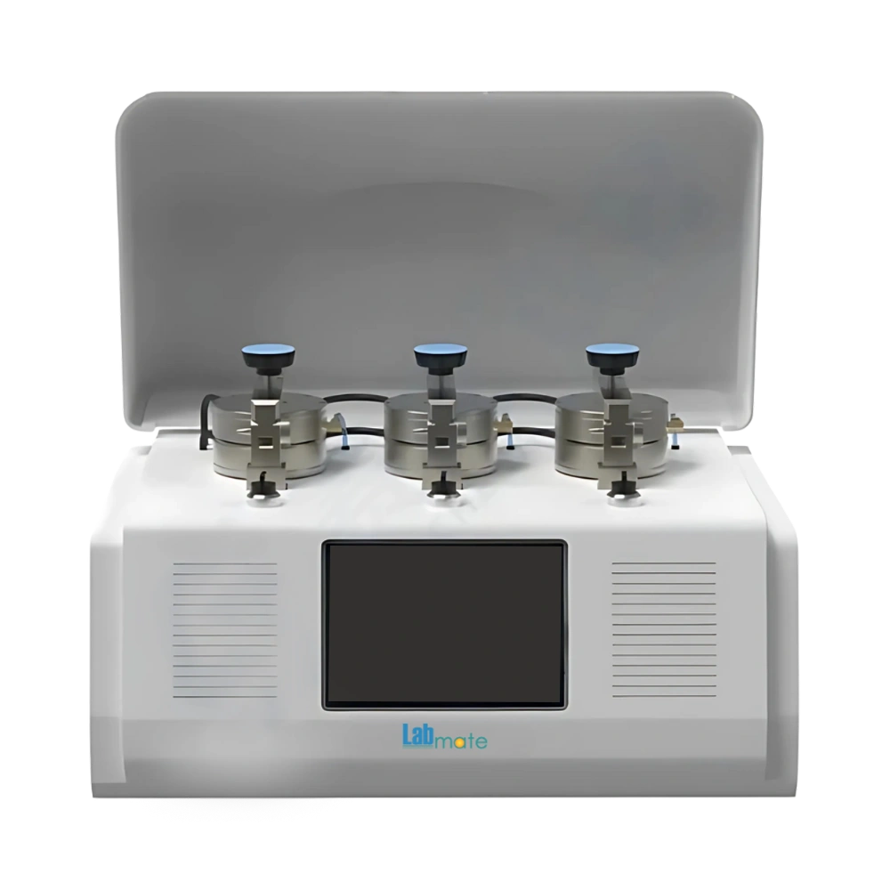 Gas Permeability Tester with 3 chambers, touchscreen interface and protective lid for gas permeability evaluation